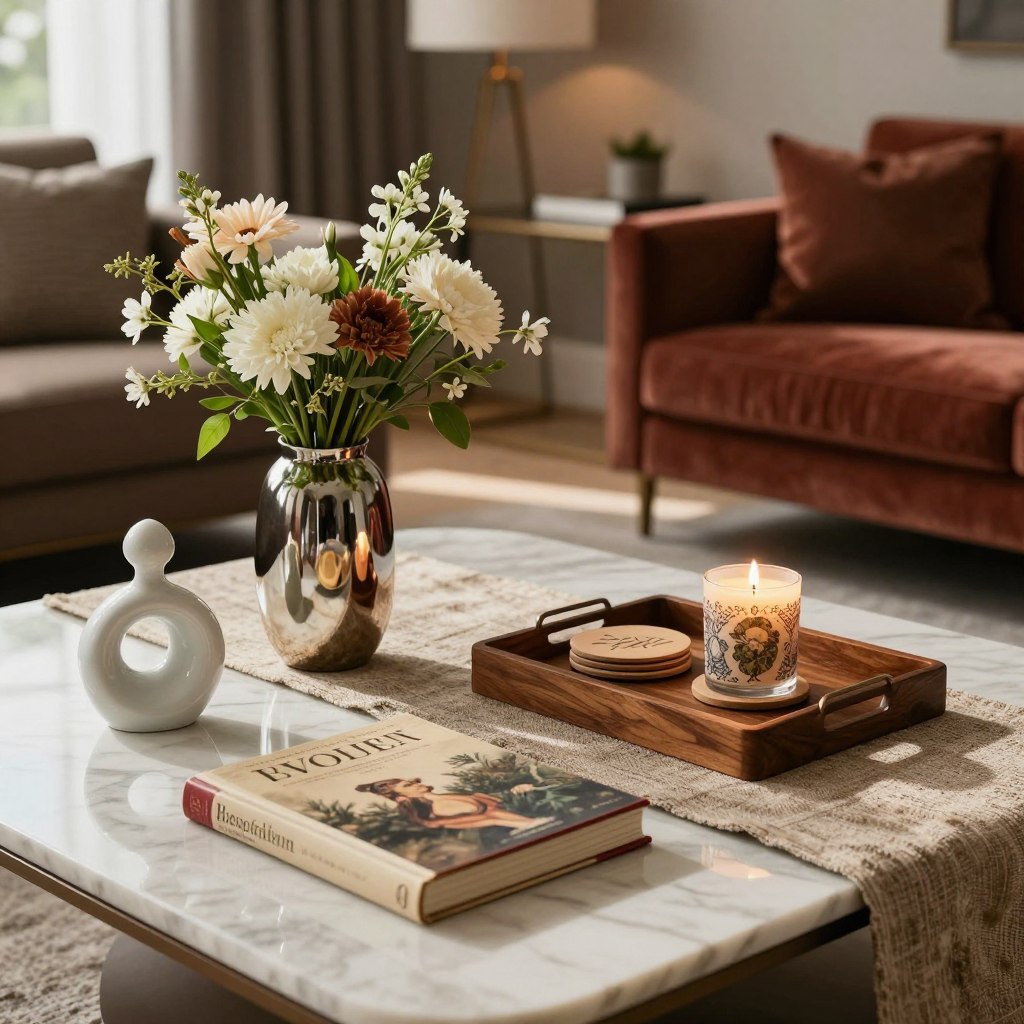 A stylish coffee table elegantly arranged, showcasing a curated selection of luxurious objects. In the foreground, a glossy marble tabletop features a vintage coffee table book, a sleek metallic vase filled with fresh flowers, and a delicate ceramic sculpture. In the middle ground, a textured linen runner adds warmth while an artisanal wooden tray holds artisanal coasters and a beautifully crafted candle. The background reveals a softly blurred modern living room with rich color tones and ambient lighting, creating a cozy atmosphere. The scene is well-lit, highlighting the objects' luxurious textures and materials, with natural light streaming in from a nearby window, casting gentle shadows that enhance the elegance of the arrangement. Focused, inviting, and sophisticated.
