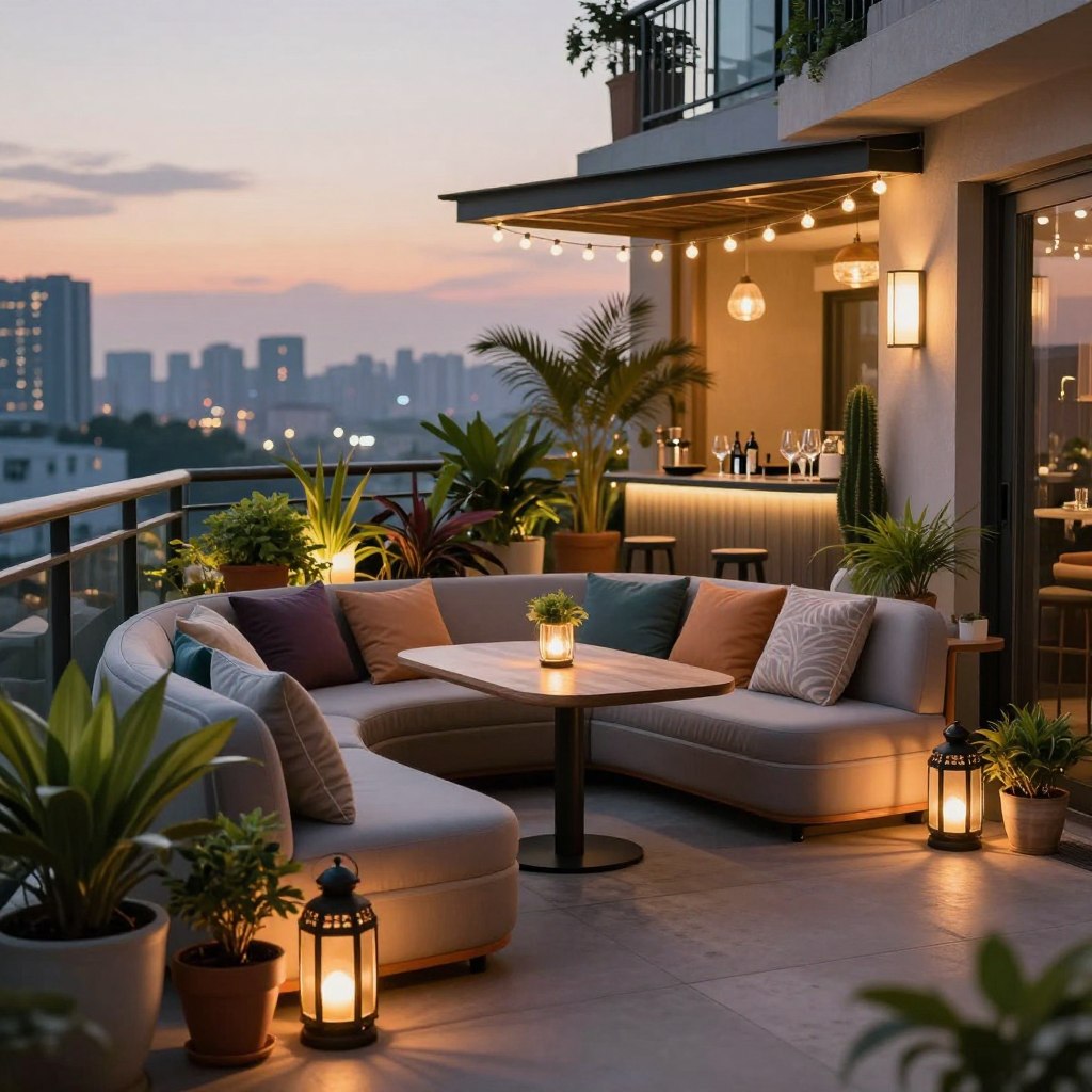 A stylish compact balcony designed as an entertainer's social hub, featuring multi-functional furniture like a sleek, convertible table and comfortable, modular seating. In the foreground, showcase a vibrant collection of potted plants and decorative lanterns, creating an inviting atmosphere. The middle section captures the seating area adorned with plush cushions and ambient lighting strung overhead, casting a warm glow. Include a small bar cart with elegant glassware to enhance the social setting. In the background, show a panoramic city skyline at dusk, with soft twilight hues blending into a cozy evening vibe. The mood is relaxed and inviting, perfect for gatherings. Use a soft focus lens with a slight depth of field to emphasize the furniture details, enhancing the luxurious yet budget-friendly appeal of the space.