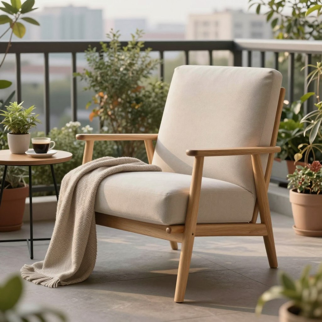 A stylish, compact lounge chair designed for minimalist balconies, featuring sleek lines and a modern aesthetic. The chair is upholstered in a soft, neutral fabric, perfectly complemented by light wooden legs. In the foreground, emphasize the inviting nature of the chair with a plush throw blanket draped over one armrest. In the middle ground, place a small side table with a potted plant and a cup of coffee, adding a personal touch. The background showcases a lush balcony garden with broken-down planters and a gentle glimpse of cityscape behind, bathed in warm afternoon sunlight. Use a soft focus to create a calming atmosphere, while the scene captures a sense of relaxation and cozy elegance, ideal for small spaces. The image should be shot from a slightly elevated angle to encompass both the chair and the surrounding balcony space.