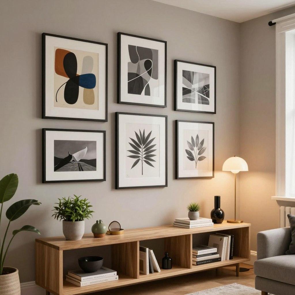 A stylish corner in a modern living room featuring an elegant gallery wall showcasing various framed artworks, including abstract paintings, black-and-white photography, and botanical prints. The corner has a sleek, minimalist shelving unit made of light wood, holding decorative items like small potted plants, books, and art accessories. The shelving is illuminated by warm, soft lighting from a nearby floor lamp, creating a cozy atmosphere. The background reveals a tastefully painted wall in a subtle hue that complements the art pieces, enhancing the visual appeal. The scene is captured with a slightly angled perspective to emphasize the depth of the corner, evoking a sense of inviting sophistication and creativity.