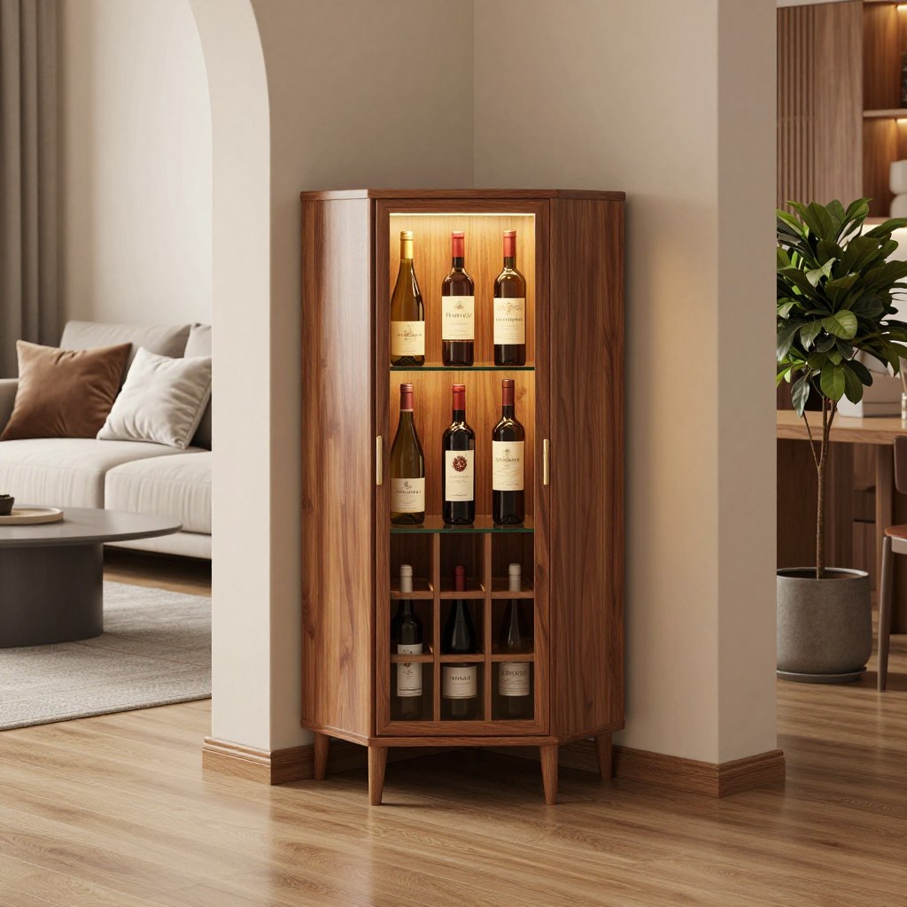 A stylish corner wine cabinet nestled within a contemporary living room. The cabinet is compact, showcasing an elegant design with rich wooden textures and glass shelves displaying an assortment of wine bottles. Soft, ambient lighting highlights the cabinet, casting a warm glow that enhances the inviting atmosphere. In the background, a cozy sofa with decorative cushions and a minimalist coffee table set the scene, while a potted plant adds a touch of greenery. The angle captures the cabinet's functionality in a corner space, blending seamlessly with the modern decor. Focus on a warm, inviting mood, emphasizing the practicality and aesthetics of the corner wine cabinet solution.