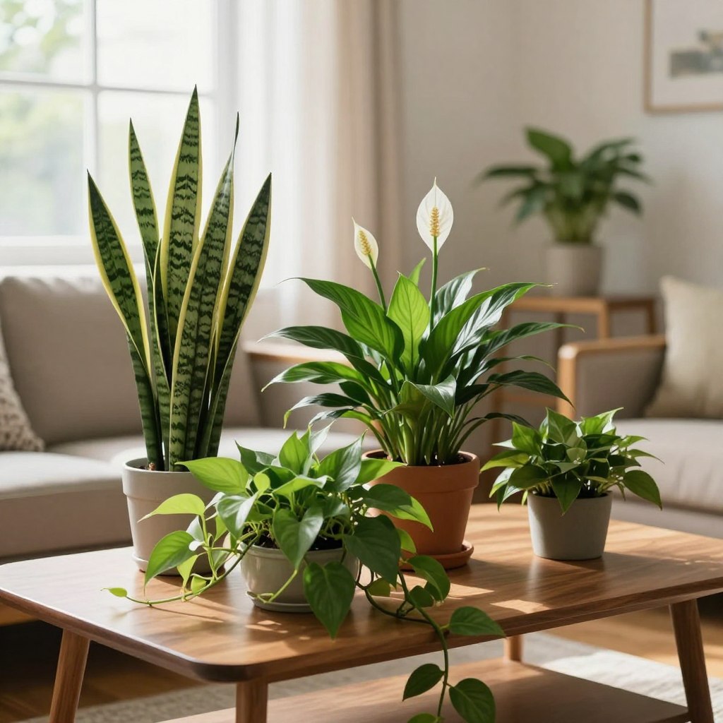 A stylish indoor plant arrangement on a wooden coffee table in a well-lit living room, showcasing a variety of lush green plants like snake plants, pothos, and peace lilies. In the foreground, a vibrant snake plant stands tall, while trailing pothos drapes gracefully over the table edge. The middle ground features a pot of peace lilies with white blooms, adding a pop of color. The background reveals a cozy window with soft, natural light streaming in, thin sheer curtains fluttering. The overall mood is warm and inviting, emphasizing tranquility and harmony with nature. Use soft focus on the background for depth, mimicking a 50mm lens for a beautiful bokeh effect.