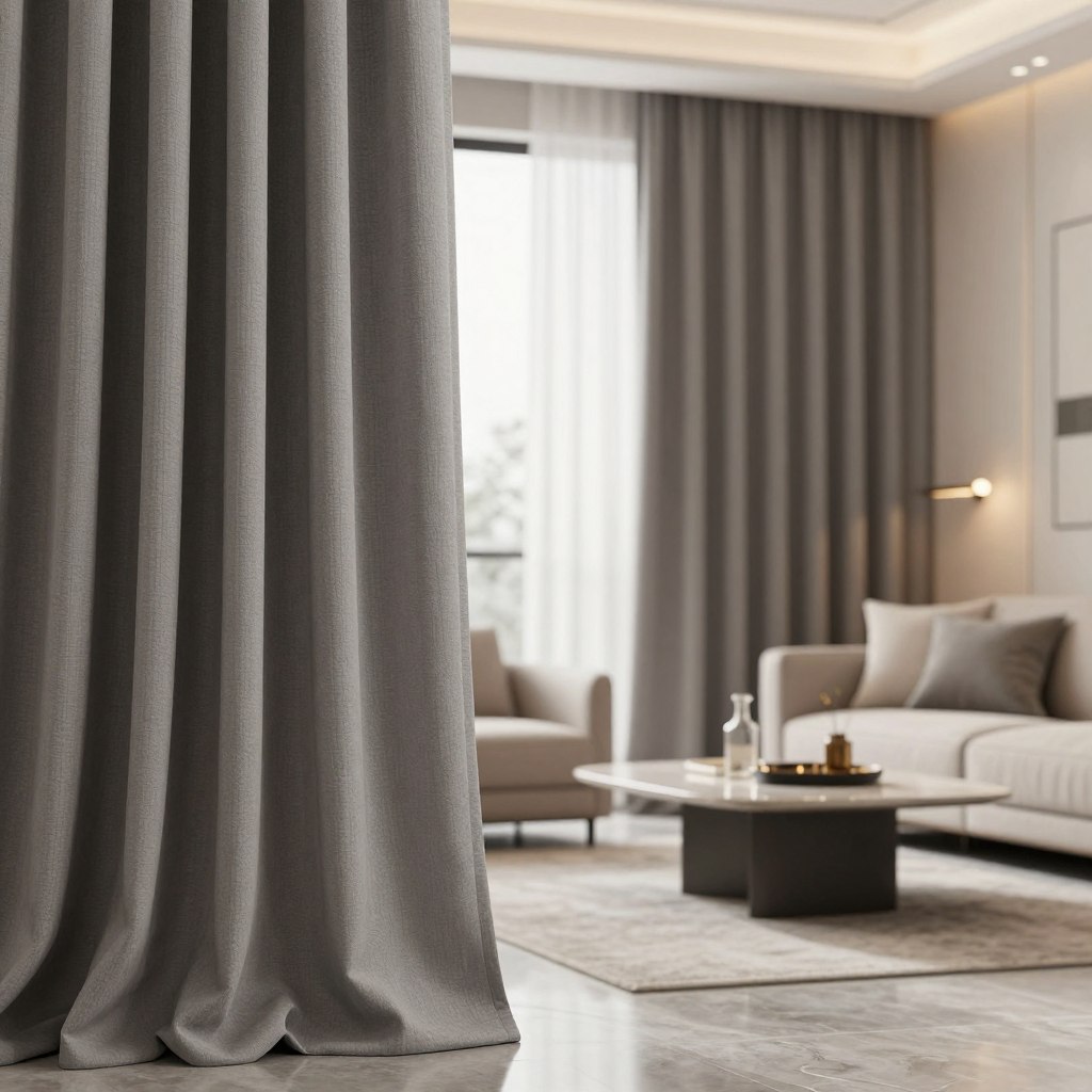 A stylish interior scene featuring elegant gray curtains that elegantly drape from a modern window. In the foreground, the curtains cascade softly, showcasing a rich texture that captures subtle light. The middle ground reveals a cozy living room setting with a chic sofa in neutral tones and a beautifully arranged coffee table adorned with tasteful decor. In the background, soft ambient light filters through the curtains, creating a serene atmosphere. The walls are painted in complementary soft hues, enhancing the calming effect of the gray curtains. Employing a warm, inviting color palette and a slight depth of field, this image embodies a modern and sophisticated living space, perfectly illustrating the versatility of gray as a neutral. A stylish interior scene featuring elegant gray curtains that elegantly drape from a modern window. In the foreground, the curtains cascade softly, showcasing a rich texture that captures subtle light. The middle ground reveals a cozy living room setting with a chic sofa in neutral tones and a beautifully arranged coffee table adorned with tasteful decor. In the background, soft ambient light filters through the curtains, creating a serene atmosphere. The walls are painted in complementary soft hues, enhancing the calming effect of the gray curtains. Employing a warm, inviting color palette and a slight depth of field, this image embodies a modern and sophisticated living space, perfectly illustrating the versatility of gray as a neutral.