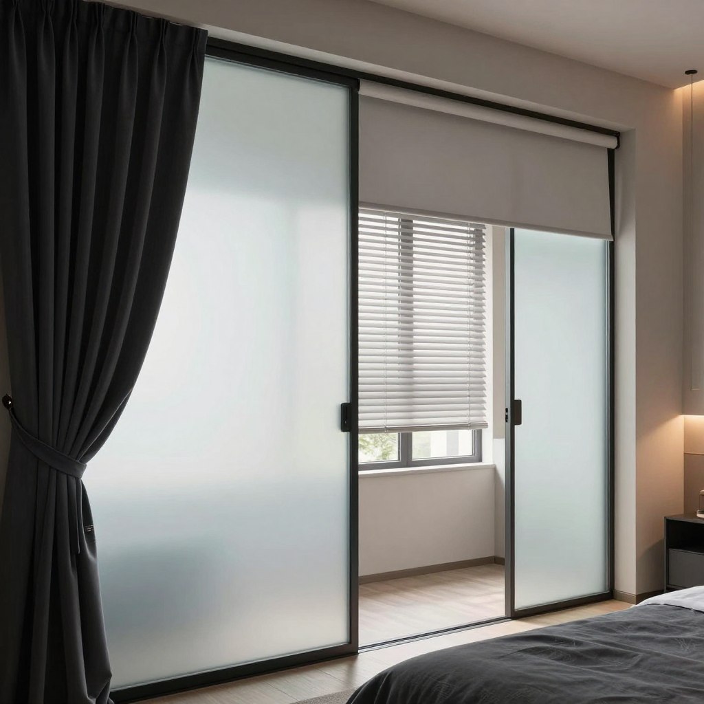 A stylish interior scene of a modern bedroom featuring various privacy solutions for windows and doors. In the foreground, elegant blackout curtains in rich fabrics are draped alongside frosted smart glass panels that subtly change opacity. The middle ground showcases a chic sliding door with a sleek vinyl shade, contrasting with delicately designed Venetian blinds. In the background, soft ambient lighting casts gentle shadows, highlighting the textures and colors. The room has a serene atmosphere, enhanced by light coming through a partially open window that hints at the outdoors. The composition is captured from a slightly elevated angle, focusing on the interplay of privacy solutions while maintaining a cohesive and stylish look. A stylish interior scene of a modern bedroom featuring various privacy solutions for windows and doors. In the foreground, elegant blackout curtains in rich fabrics are draped alongside frosted smart glass panels that subtly change opacity. The middle ground showcases a chic sliding door with a sleek vinyl shade, contrasting with delicately designed Venetian blinds. In the background, soft ambient lighting casts gentle shadows, highlighting the textures and colors. The room has a serene atmosphere, enhanced by light coming through a partially open window that hints at the outdoors. The composition is captured from a slightly elevated angle, focusing on the interplay of privacy solutions while maintaining a cohesive and stylish look.