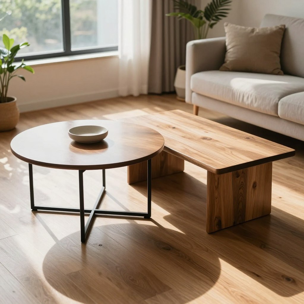 A stylish interior scene showcasing a modern living room with two distinct coffee tables positioned side by side – one round and one square. The round table features a glossy finish and a minimalist design, while the square table has a rustic wooden texture. Soft natural light streams in through a large window, casting gentle shadows on the hardwood floor. In the background, a cozy couch with cushions complements the tables, and decorative plants add a touch of greenery. The camera angle is slightly above eye level, allowing both tables to be viewed clearly. The mood is inviting and warm, emphasizing the importance of choosing the right coffee table shape for a harmonious living space. A stylish interior scene showcasing a modern living room with two distinct coffee tables positioned side by side – one round and one square. The round table features a glossy finish and a minimalist design, while the square table has a rustic wooden texture. Soft natural light streams in through a large window, casting gentle shadows on the hardwood floor. In the background, a cozy couch with cushions complements the tables, and decorative plants add a touch of greenery. The camera angle is slightly above eye level, allowing both tables to be viewed clearly. The mood is inviting and warm, emphasizing the importance of choosing the right coffee table shape for a harmonious living space.
