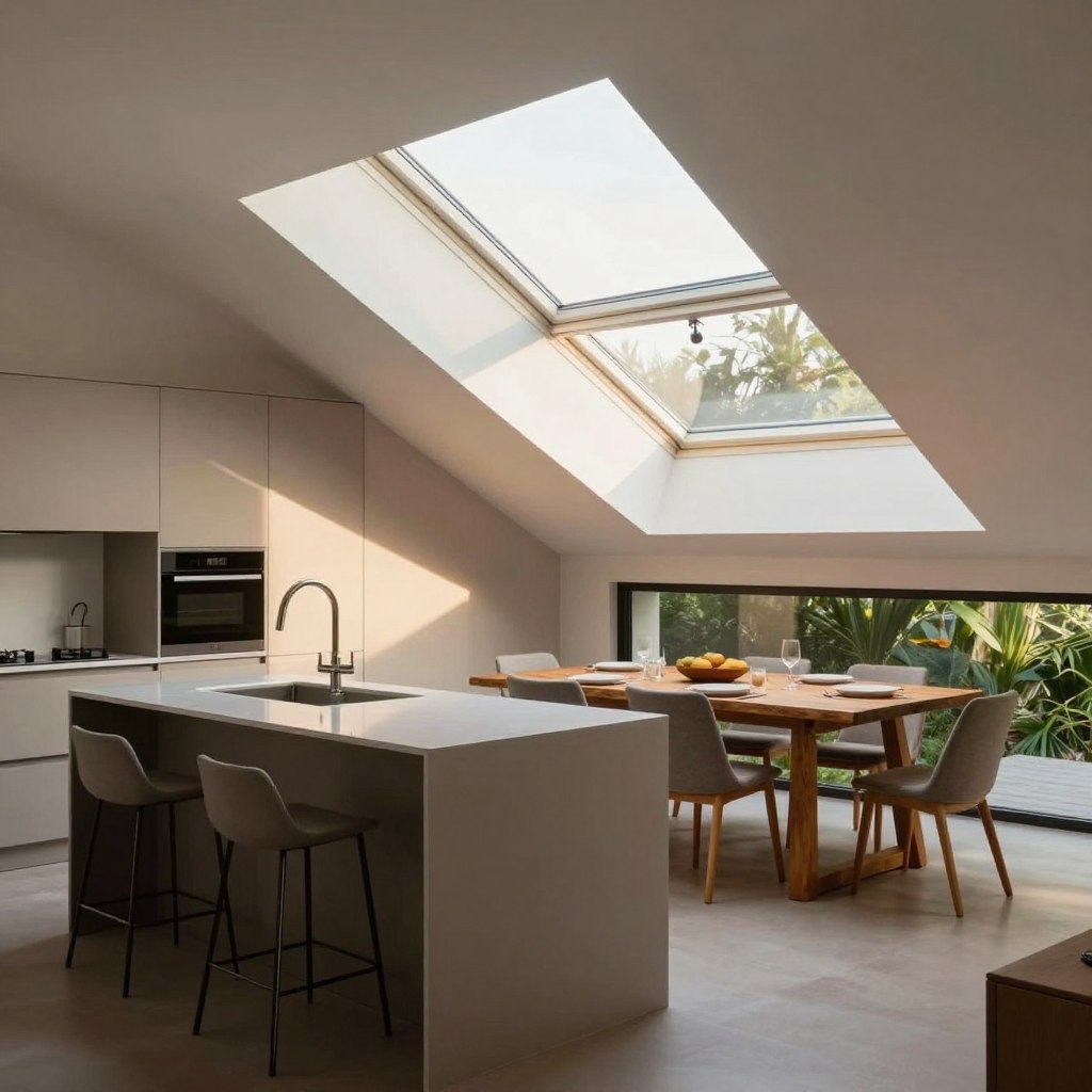A stylish kitchen interior featuring a strategic placement of skylights above a contemporary kitchen island and a dining table. In the foreground, a modern kitchen island with sleek countertops and stylish bar stools, illuminated by soft, natural light filtering through large skylights. In the middle ground, a rustic wooden dining table set for a meal, surrounded by elegant chairs. The skylights are thoughtfully positioned to enhance the ambiance, creating a warm, inviting atmosphere. In the background, bright greenery can be seen outside, adding a touch of nature. The image captures a peaceful mood, with soft shadows and highlights emphasizing the sleek design. The scene is viewed from a slightly elevated angle, showcasing the layout and light play effectively.