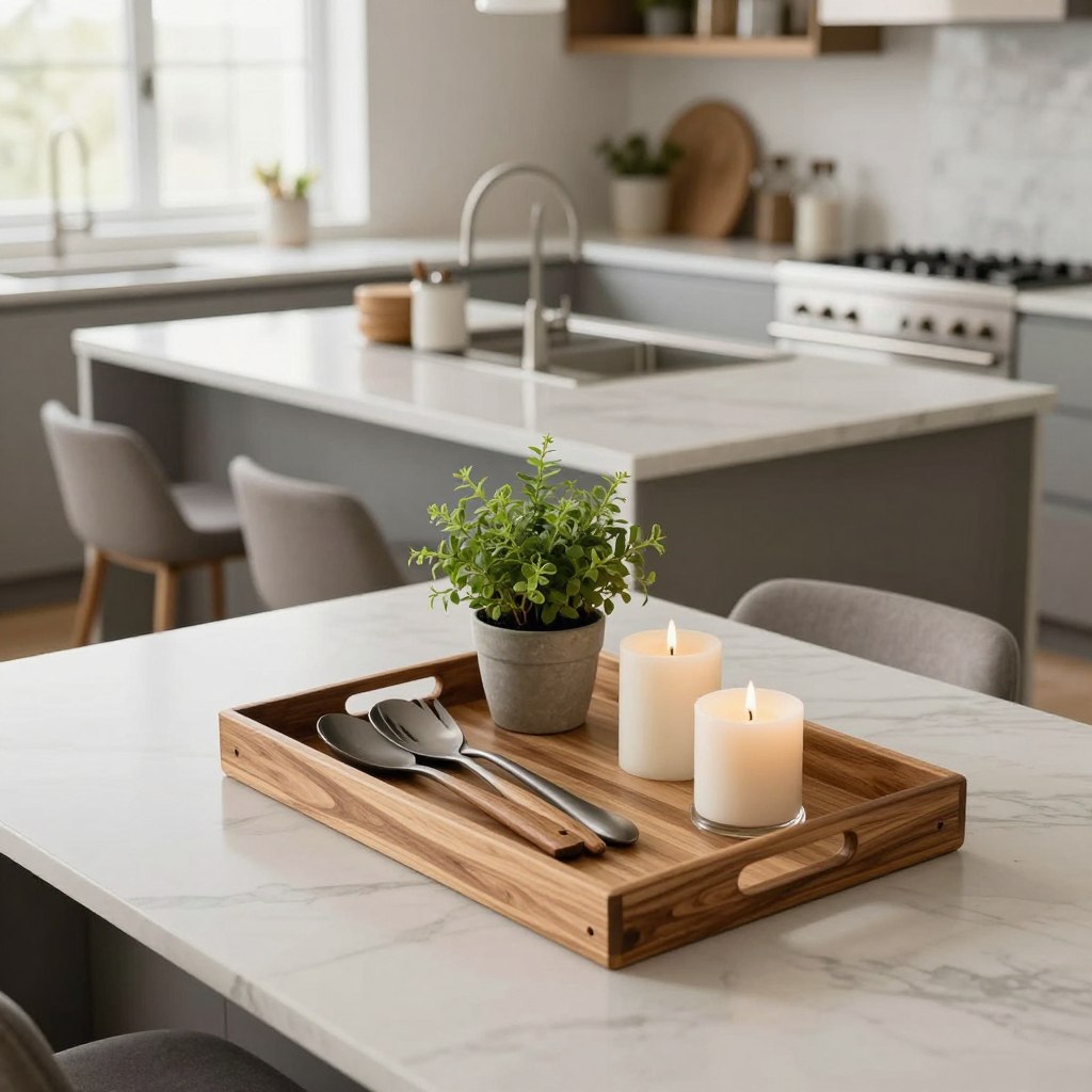 A stylish kitchen island centerpiece featuring the chic tray styling method. In the foreground, a beautifully arranged tray made of natural wood holds a selection of elegant cooking utensils, a small potted herb plant, and decorative candles. The middle ground showcases a sleek kitchen island with a polished marble countertop, complemented by understated bar stools. In the background, soft natural light floods the space through large windows, highlighting neutral colors and modern cabinetry. The atmosphere is warm and inviting, evoking a sense of sophistication. Capture the scene from a slight overhead angle, focusing on the symmetry and balance of the tray arrangement while showcasing the overall elegance of the kitchen space. A stylish kitchen island centerpiece featuring the chic tray styling method. In the foreground, a beautifully arranged tray made of natural wood holds a selection of elegant cooking utensils, a small potted herb plant, and decorative candles. The middle ground showcases a sleek kitchen island with a polished marble countertop, complemented by understated bar stools. In the background, soft natural light floods the space through large windows, highlighting neutral colors and modern cabinetry. The atmosphere is warm and inviting, evoking a sense of sophistication. Capture the scene from a slight overhead angle, focusing on the symmetry and balance of the tray arrangement while showcasing the overall elegance of the kitchen space.
