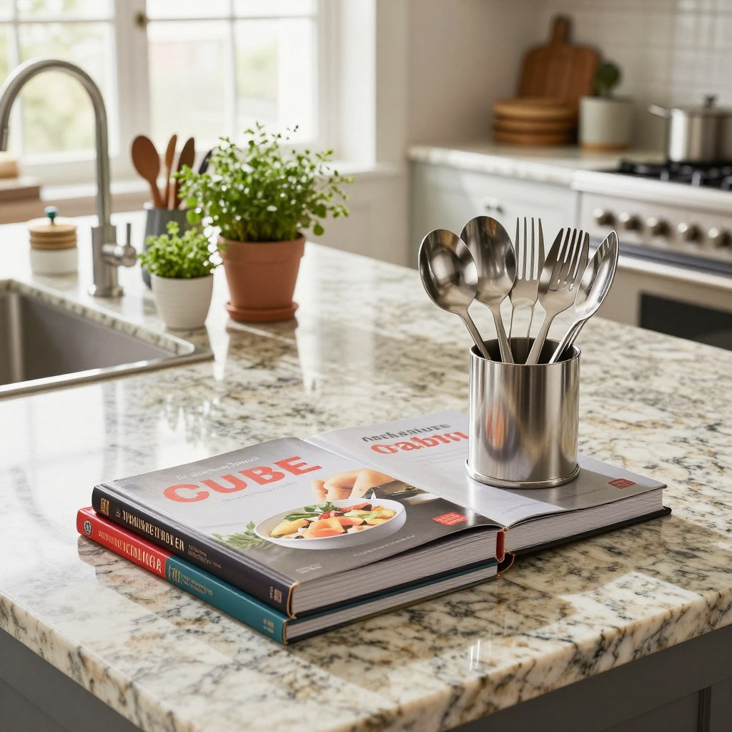A stylish kitchen island featuring an elegant cookbook and utensil display. In the foreground, a curated selection of glossy cookbooks with colorful spines lies next to a set of high-quality stainless steel utensils in a sleek holder. The middle showcases a spacious, polished granite countertop adorned with fresh herbs in chic pots and artistic kitchen gadgets. In the background, a bright and airy kitchen is visible through large windows, allowing natural light to illuminate the scene. Soft shadow play enhances the inviting atmosphere, giving a sense of warmth and sophistication. The angle captures the scene from slightly above, emphasizing the luxurious details and organization of the display, evoking a sense of culinary inspiration and functionality. A stylish kitchen island featuring an elegant cookbook and utensil display. In the foreground, a curated selection of glossy cookbooks with colorful spines lies next to a set of high-quality stainless steel utensils in a sleek holder. The middle showcases a spacious, polished granite countertop adorned with fresh herbs in chic pots and artistic kitchen gadgets. In the background, a bright and airy kitchen is visible through large windows, allowing natural light to illuminate the scene. Soft shadow play enhances the inviting atmosphere, giving a sense of warmth and sophistication. The angle captures the scene from slightly above, emphasizing the luxurious details and organization of the display, evoking a sense of culinary inspiration and functionality.