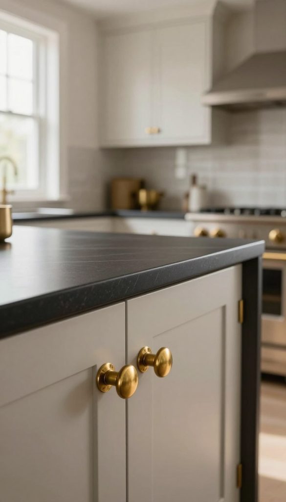A stylish kitchen scene showcasing a harmonious blend of brass and matte black hardware. In the foreground, sleek brass cabinet knobs and handles glisten under soft, warm lighting, creating an inviting focal point. The middle layer features a modern kitchen island with a black matte finish, contrasting with the brass accents. Subtle reflections of the brass elements can be seen on the island surface, enhancing the elegance. In the background, the kitchen cabinetry is painted in a muted white, providing a clean backdrop that emphasizes the aesthetic of mixed metals. Use a wide-angle lens to capture the breadth of the kitchen design, with soft, diffused natural light streaming in from a window, creating an airy and contemporary mood.