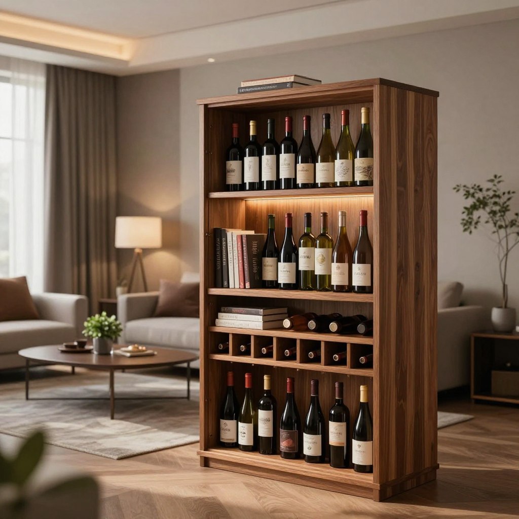 A stylish living room featuring a bookshelf wine cabinet hybrid design. In the foreground, a wooden wine cabinet integrated into a bookshelf displays a selection of elegant wine bottles, interspersed with books and decorative items. The middle ground reveals a comfortable seating area with a sleek sofa and a coffee table, adorned with a small plant. The background shows soft, ambient lighting enhancing the warm wood tones of the cabinet, creating an inviting atmosphere. Large windows with sheer curtains allow natural light to filter in, casting gentle shadows. Capture this scene with a focus on the wine cabinet detail, shot from a slightly elevated angle to emphasize its integration into the living space. The overall mood is cozy and sophisticated, perfect for wine enthusiasts.