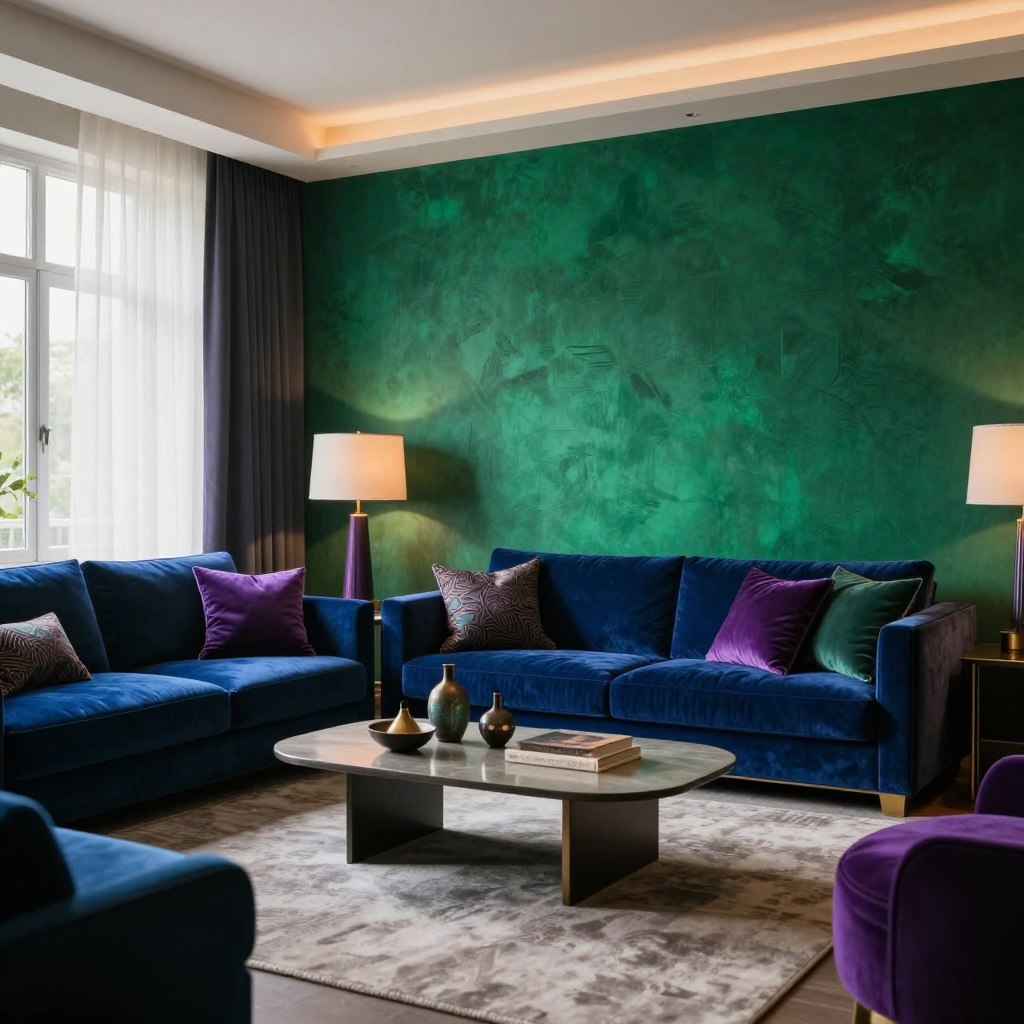 A stylish living room featuring a jewel tone accent wall in deep emerald green, rich sapphire blue, and luxurious amethyst purple. In the foreground, a plush velvet sofa in a coordinating jewel tone, adorned with decorative cushions in contrasting colors. A modern coffee table with a sleek design sits atop a textured area rug, surrounded by artisanal decor pieces. The middle showcases the accent wall, illuminated by warm, ambient lighting that enhances the vibrancy of the colors. In the background, light filters in through large windows with sheer curtains, brightening the space and creating a cozy atmosphere. The mood is elegant and dramatic, perfect for a contemporary living space that exudes glamour and sophistication. Lens effect: slight depth of field to emphasize the accent wall and furnishings.