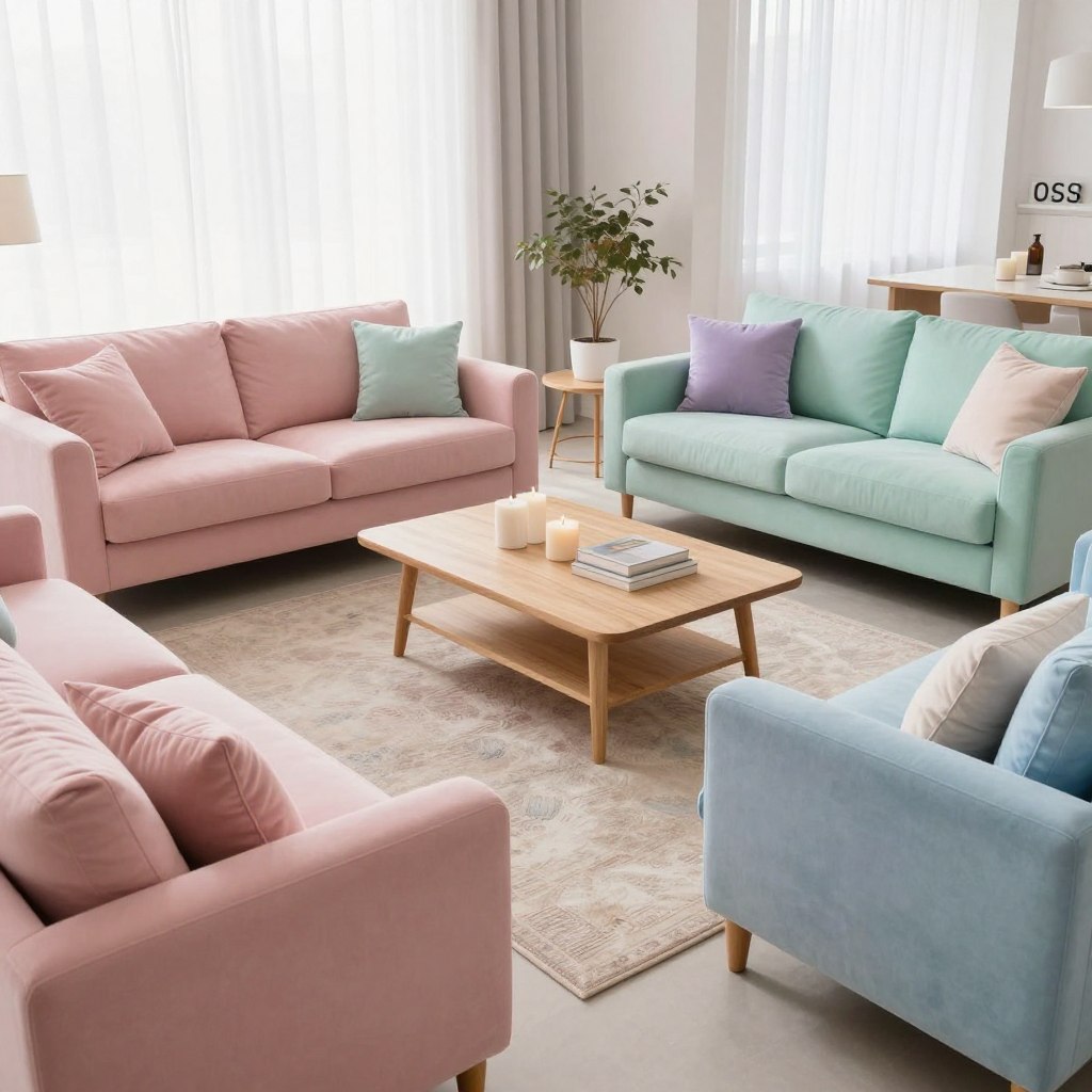 A stylish living room featuring a variety of pastel-colored sofas, including soft pink, mint green, lavender, and pale blue. The foreground showcases a cozy arrangement of these sofas, adorned with plush cushions in complementary pastel shades. A chic coffee table made of light wood sits in the center, surrounded by elegant decor items like candles and books. In the middle, a soft area rug adds warmth to the scene. The background reveals light, airy curtains softly filtering daylight, enhancing the serene ambiance. Bright and inviting with a contemporary design, this living room creates a tranquil and harmonious atmosphere, perfect for relaxation. Use soft, diffused lighting to capture the gentle pastel tones, and employ a wide-angle lens to encompass the entire space in a bright, welcoming composition.