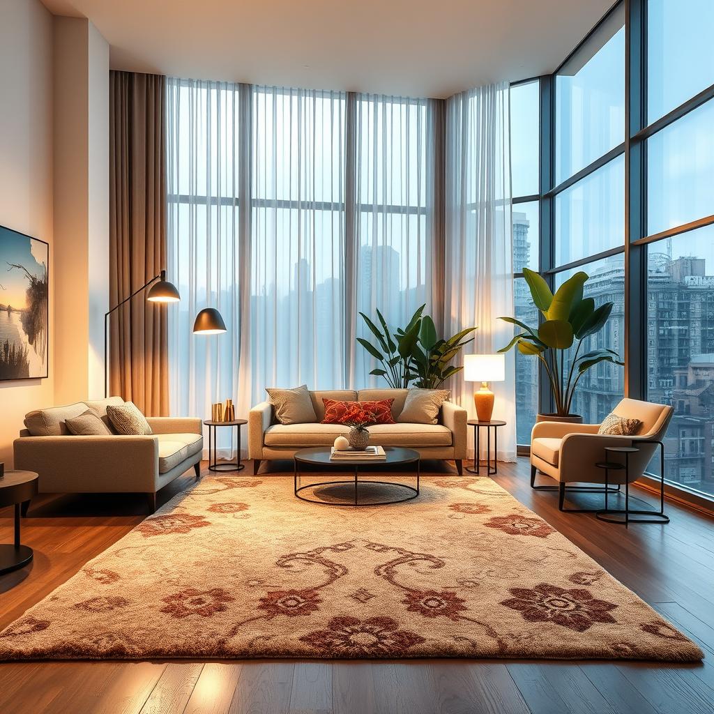 A stylish living room featuring an elegant layout that highlights defined living zones through the use of beautifully patterned rugs and soft, warm lighting. In the foreground, a plush area rug in muted earthy tones anchors a cozy seating arrangement with modern furniture, including a sleek sofa and accent chairs. In the middle, sleek floor lamps and stylish table lamps cast a gentle glow, enhancing the ambiance while minimizing glare from large windows framed with light, sheer curtains. The background showcases floor-to-ceiling windows that allow natural light to flood the space, complemented by indoor plants that add a refreshing touch. The atmosphere is inviting and harmonious, promoting a sense of comfort and relaxation, perfect for a serene living space. The lighting is soft, creating a warm, welcoming mood throughout the room.