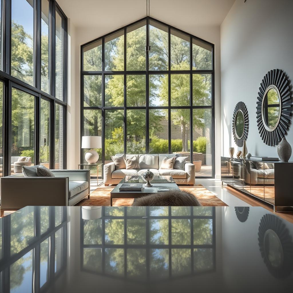 A stylish living room featuring large, modern windows that fill the space with natural light, highlighting the interplay of shadows and reflections. In the foreground, sleek metal furniture and glossy surfaces, such as a shiny coffee table and reflective console, enhance the light distribution throughout the room. The middle ground showcases a cozy seating area with plush cushions, positioned strategically to avoid glare from the windows, while decorative mirrors amplify the sense of openness. In the background, lush greenery is visible outside, creating a seamless transition between indoor and outdoor spaces. Bright yet soft lighting captures the serene ambiance, while the angle focuses on the room’s depth, inviting a sense of calm and sophistication.