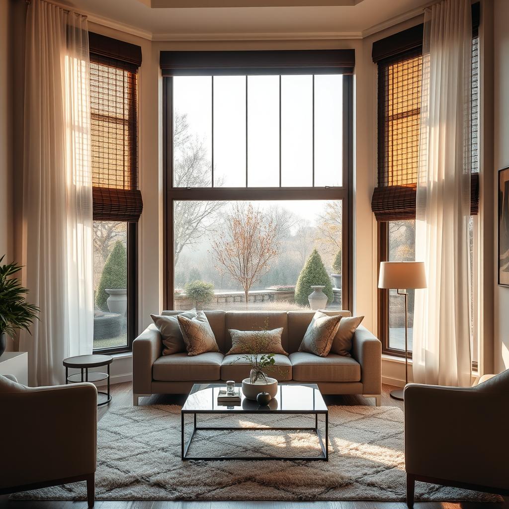 A stylish living room featuring large windows adorned with layered window treatments. In the foreground, sheer white curtains gracefully frame the windows, allowing soft natural light to filter through, while elegant dark wood blinds can be pulled down for privacy. The middle ground showcases a modern sofa in muted tones, complemented by decorative throw pillows that add a splash of color. A chic coffee table sits atop a plush area rug, harmonizing with the overall aesthetic. The background features a serene garden view outside the windows, enhancing the tranquil atmosphere. The lighting is warm and inviting, creating a cozy yet sophisticated mood, captured from a slightly elevated angle to emphasize the window treatments and overall layout.