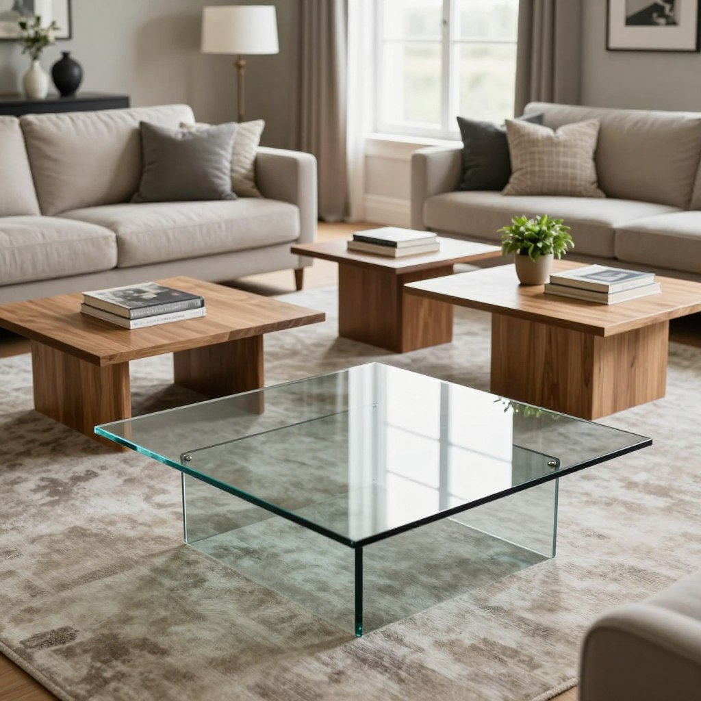 A stylish living room featuring multiple square coffee tables of varying designs and materials. The foreground highlights a sleek, modern glass square table with a subtle reflection, surrounded by elegant wooden square tables adorned with decorative books and a small potted plant. In the middle ground, a cozy seating area with a plush sofa and contrasting cushions invites relaxation, while a fashionable rug adds warmth. The background includes a large window allowing soft, natural light to illuminate the space, creating an inviting atmosphere. Use a wide-angle lens to capture the depth of the room, emphasizing the harmonious placement of the square tables in a contemporary setting. Aim for a calm and serene mood, with neutral tones and inviting textures. A stylish living room featuring multiple square coffee tables of varying designs and materials. The foreground highlights a sleek, modern glass square table with a subtle reflection, surrounded by elegant wooden square tables adorned with decorative books and a small potted plant. In the middle ground, a cozy seating area with a plush sofa and contrasting cushions invites relaxation, while a fashionable rug adds warmth. The background includes a large window allowing soft, natural light to illuminate the space, creating an inviting atmosphere. Use a wide-angle lens to capture the depth of the room, emphasizing the harmonious placement of the square tables in a contemporary setting. Aim for a calm and serene mood, with neutral tones and inviting textures.