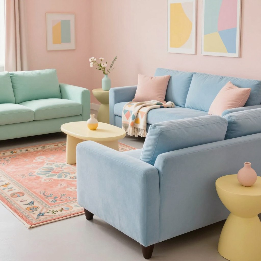 A stylish living room featuring pastel furniture mistakes, showcasing a mix of mismatched pastel colors, poorly coordinated patterns, and oversized proportions. In the foreground, focus on an awkwardly large pale blue sofa, clashing with a mint green armchair, and a pastel yellow side table that is too small. The middle ground should include accessories that also fail to harmonize, like a coral rug with a floral pattern alongside a geometric print throw blanket. The background displays pastel walls with overly bright art pieces. Soft, diffused lighting creates a warm and inviting atmosphere, while a wide-angle lens captures the full scene, emphasizing the mistakes in pastel decor. The mood is one of humorous awareness, illustrating common pitfalls in achieving a cohesive soft living room aesthetic.