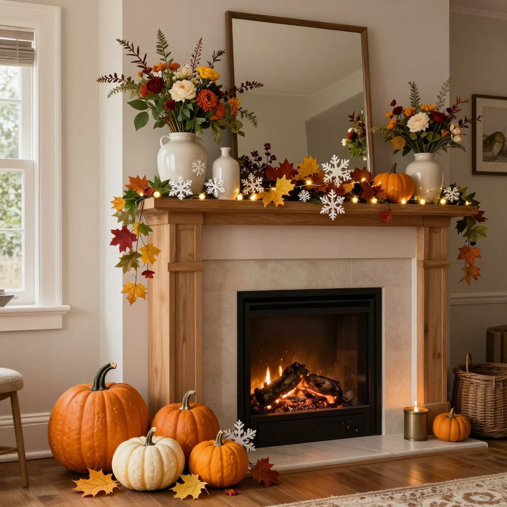 A stylish living room mantle adorned with seasonal decor, designed to inspire year-round transformations. In the foreground, a modern wooden mantle showcases an artfully arranged display of pumpkins and autumn leaves, transitioning to elegant snowflakes and twinkling lights for winter. The middle layer features tasteful ceramic vases filled with fresh flowers, greenery, and seasonal elements. In the background, a cozy fireplace adds warmth, with softly glowing embers. The overall lighting is warm and inviting, creating a serene atmosphere. Capture the scene from a slightly elevated angle to emphasize depth and richness. The mood is harmonious and tranquil, inviting viewers to consider how seasonal changes can enhance their living spaces.