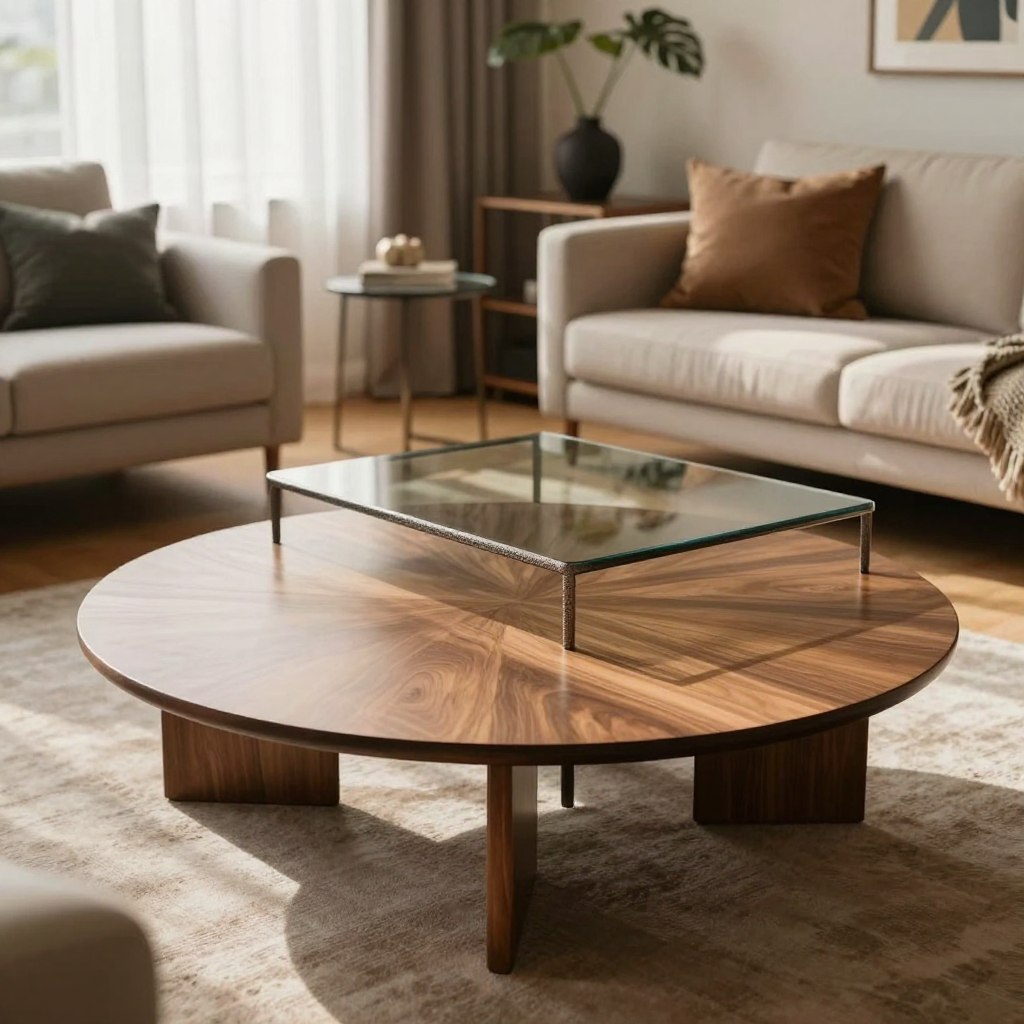 A stylish living room scene showcasing various coffee table shapes, prominently featuring a modern round coffee table made of polished wood with a sleek glass top in the foreground. In the middle, a square coffee table with a textured metal frame sits adjacent, emphasizing the contrast in design. The background reveals a cozy, well-decorated interior featuring a comfortable sofa and artistic decor elements that highlight different interior design styles. Soft, diffused sunlight filters through sheer curtains, casting gentle shadows on the wooden floor. The atmosphere is warm and inviting, encouraging a relaxed yet sophisticated mood. Use a wide-angle lens to capture the full arrangement, ensuring all elements harmonize within the composition. A stylish living room scene showcasing various coffee table shapes, prominently featuring a modern round coffee table made of polished wood with a sleek glass top in the foreground. In the middle, a square coffee table with a textured metal frame sits adjacent, emphasizing the contrast in design. The background reveals a cozy, well-decorated interior featuring a comfortable sofa and artistic decor elements that highlight different interior design styles. Soft, diffused sunlight filters through sheer curtains, casting gentle shadows on the wooden floor. The atmosphere is warm and inviting, encouraging a relaxed yet sophisticated mood. Use a wide-angle lens to capture the full arrangement, ensuring all elements harmonize within the composition.