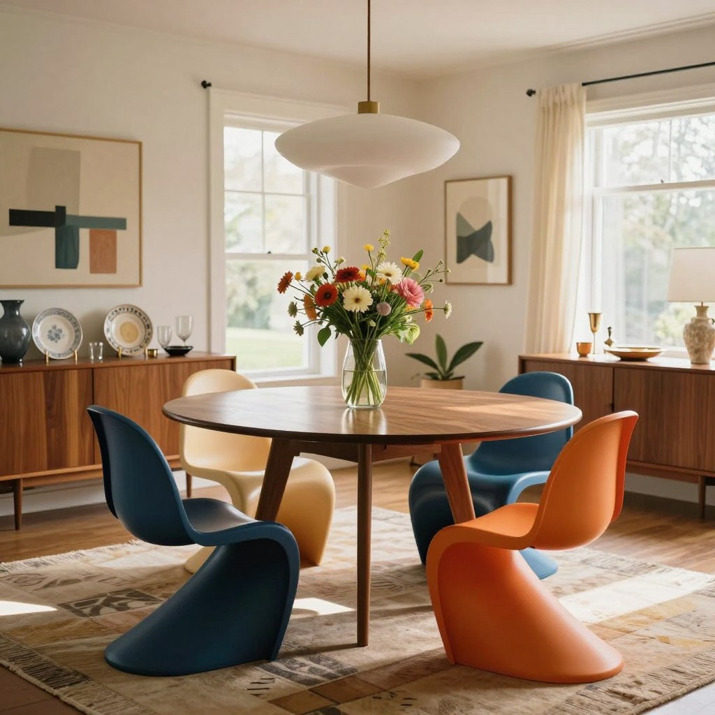 A stylish mid-century modern dining room featuring a sleek, oval walnut dining table surrounded by iconic Eames molded plastic chairs in vibrant colors. The foreground showcases a simplistic yet elegant vase with a bouquet of fresh flowers atop the table. In the middle, a wooden sideboard displaying decorative plates and vintage glassware complements a large geometric rug that adds texture and warmth. The background reveals large windows allowing natural light to flood the space, casting soft shadows that enhance the airy atmosphere. The walls are adorned with abstract art in muted tones, and a statement mid-century chandelier hangs overhead, exuding a cozy, inviting feel. The scene is captured with a warm, soft-focus lens, creating a serene ambiance perfect for gatherings.
