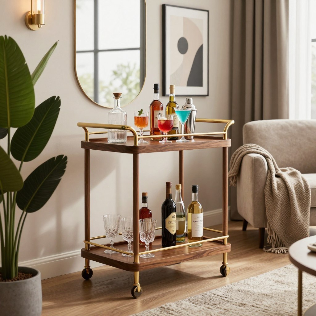 A stylish mini bar setup nestled in the corner of a modern living room, showcasing an elegant wooden bar cart adorned with an assortment of glassware and bottles. The bar cart features a rich mahogany finish with gold accents, complemented by a collection of colorful cocktails and cocktail shakers. In the foreground, a lush green plant adds a touch of nature, while soft ambient lighting creates a warm and inviting atmosphere. The middle ground includes a comfortable armchair with a textured throw blanket draped over it, providing a cozy seating area. In the background, large windows allow natural light to stream in, enhancing the contemporary decor of the room with neutral tones and modern artwork. The scene evokes a sophisticated, yet relaxed mood, perfect for entertaining guests.