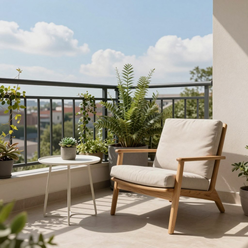 A stylish, minimalist balcony furnished with contemporary furniture that maximizes small spaces. In the foreground, a compact, sleek lounge chair made of natural wood with a soft, neutral cushion. Next to it, a small, round table with a minimalist design, topped with a potted succulent. In the middle, a cozy corner featuring a slim garden railing decorated with trailing plants, enhancing the green vibe. The background showcases a clear blue sky with soft, fluffy clouds, letting in warm, natural sunlight that casts gentle shadows across the furniture. The overall atmosphere is inviting and serene, perfect for enjoying a peaceful moment in an urban setting. The angle captures the space from slightly above, showcasing the arrangement as a cohesive, functional outdoor retreat.
