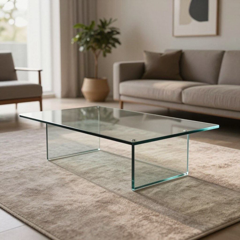 A stylish, minimalist floating glass coffee table takes center stage in a modern living room setting. The table is crafted from tempered glass with sleek, clean lines and an elegant, invisible support that creates an airy effect. In the foreground, the polished surface reflects soft light, while the smooth edges add to its contemporary aesthetic. The middle ground features a soft, neutral-toned area rug, further enhancing the clutter-free look. In the background, a tastefully furnished space showcases a minimalist arrangement of furniture and subtle decor elements, such as a potted plant and abstract artwork on muted walls. The scene is bathed in warm, natural light filtering through large windows, creating a serene and inviting atmosphere. The angle captures the table’s unique design, emphasizing its lightness and integration into the modern space. A stylish, minimalist floating glass coffee table takes center stage in a modern living room setting. The table is crafted from tempered glass with sleek, clean lines and an elegant, invisible support that creates an airy effect. In the foreground, the polished surface reflects soft light, while the smooth edges add to its contemporary aesthetic. The middle ground features a soft, neutral-toned area rug, further enhancing the clutter-free look. In the background, a tastefully furnished space showcases a minimalist arrangement of furniture and subtle decor elements, such as a potted plant and abstract artwork on muted walls. The scene is bathed in warm, natural light filtering through large windows, creating a serene and inviting atmosphere. The angle captures the table’s unique design, emphasizing its lightness and integration into the modern space.