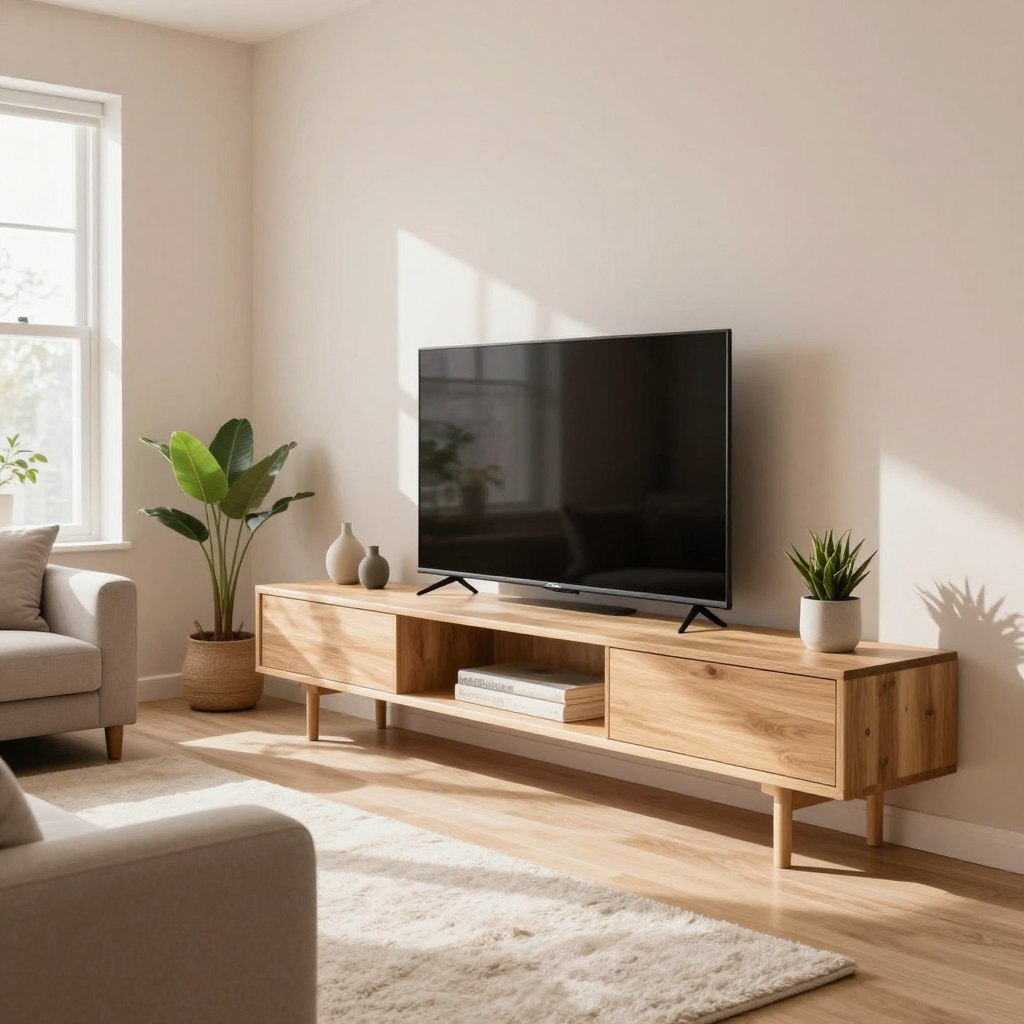 A stylish, minimalist living room featuring a DIY floating TV shelf. In the foreground, the shelf showcases a sleek, unembellished design made from natural wood, displaying a modern flat-screen TV, a few decorative plants, and minimalistic decor items. The middle area includes a comfortable, neutral-toned couch with soft cushions and a light, plush rug beneath. In the background, a wall painted in a soft pastel color enhances the serene atmosphere. Natural sunlight streams in through large windows, creating a warm and inviting feel. The scene is shot from a slight angle to emphasize depth, capturing the simplicity and elegance of a contemporary, budget-friendly interior design approach. The overall ambiance is calm, organized, and perfect for a cozy yet functional living space.