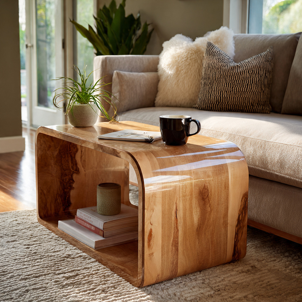 A stylish, modern C-table designed with a glossy wood finish, featuring clean lines and a sleek, minimalist silhouette that allows it to slide easily under a sofa. The foreground showcases the C-table with a small potted plant and a steaming cup of coffee atop it, emphasizing its functionality. The middle provides a subtle view of a cozy living room with a plush sofa and decorative throw pillows, creating a warm and inviting atmosphere. The background features soft, ambient lighting that casts gentle shadows, enhancing the warmth of the wooden table. The composition is shot from a slightly elevated angle, focusing on the table while incorporating the surrounding decor harmoniously. The overall mood is peaceful, reflecting a modern and stylish living space designed to maximize functionality and aesthetic appeal.