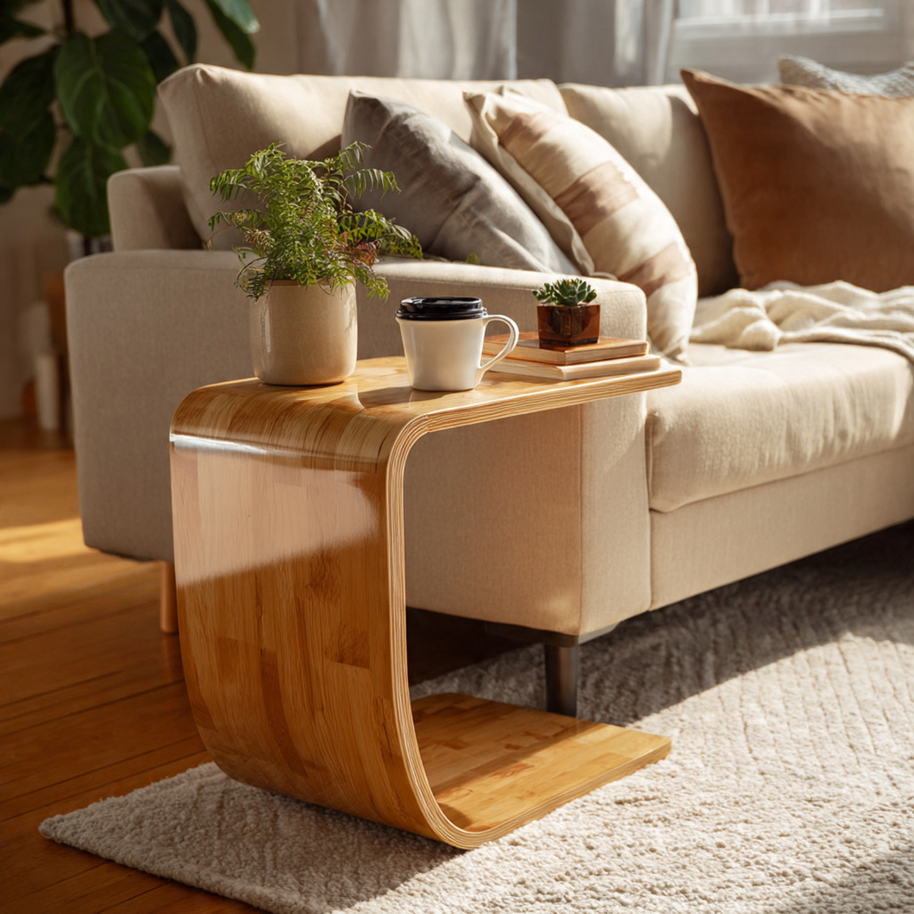 A stylish, modern C-table designed with a glossy wood finish, featuring clean lines and a sleek, minimalist silhouette that allows it to slide easily under a sofa. The foreground showcases the C-table with a small potted plant and a steaming cup of coffee atop it, emphasizing its functionality. The middle provides a subtle view of a cozy living room with a plush sofa and decorative throw pillows, creating a warm and inviting atmosphere. The background features soft, ambient lighting that casts gentle shadows, enhancing the warmth of the wooden table. The composition is shot from a slightly elevated angle, focusing on the table while incorporating the surrounding decor harmoniously. The overall mood is peaceful, reflecting a modern and stylish living space designed to maximize functionality and aesthetic appeal.