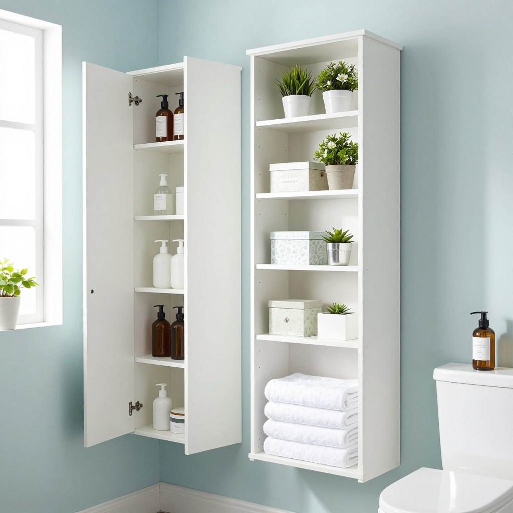 A stylish, modern bathroom featuring vertical storage solutions. In the foreground, a well-organized over-the-toilet shelving unit made of sleek white wood, displaying neatly folded towels, chic decorative boxes, and small plants for a touch of greenery. To the left, a tall cabinet with multiple shelves is filled with toiletries and bath essentials, showcasing a blend of open and closed storage. The walls are painted in a soft, calming color, with natural light coming from a window, creating a bright and airy atmosphere. The camera angle is slightly elevated, capturing the full scope of the vertical storage while emphasizing the compact elegance of the space. The overall mood is fresh, modern, and inviting, perfect for maximizing small bathroom areas.
