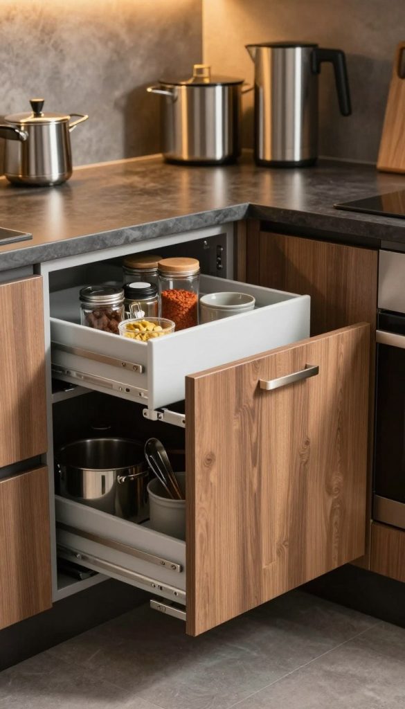 A stylish, modern corner kitchen cabinet featuring a sleek, space-saving design with an innovative pull-out drawer system. The foreground showcases the cabinet's intricate wood grain finish and brushed metal handles, emphasizing functionality and elegance. The middle section reveals the pull-out drawers, neatly organized with kitchen essentials like spices, utensils, and cookware, demonstrating their easy accessibility. In the background, a softly lit kitchen ambiance enhances the scene, with warm, inviting lighting reflecting off stainless steel appliances and contrasting dark countertops. The angle captures a perspective that highlights both the corner location and the cabinet’s practicality. The overall mood is contemporary and functional, ideal for maximizing storage in small kitchen areas.