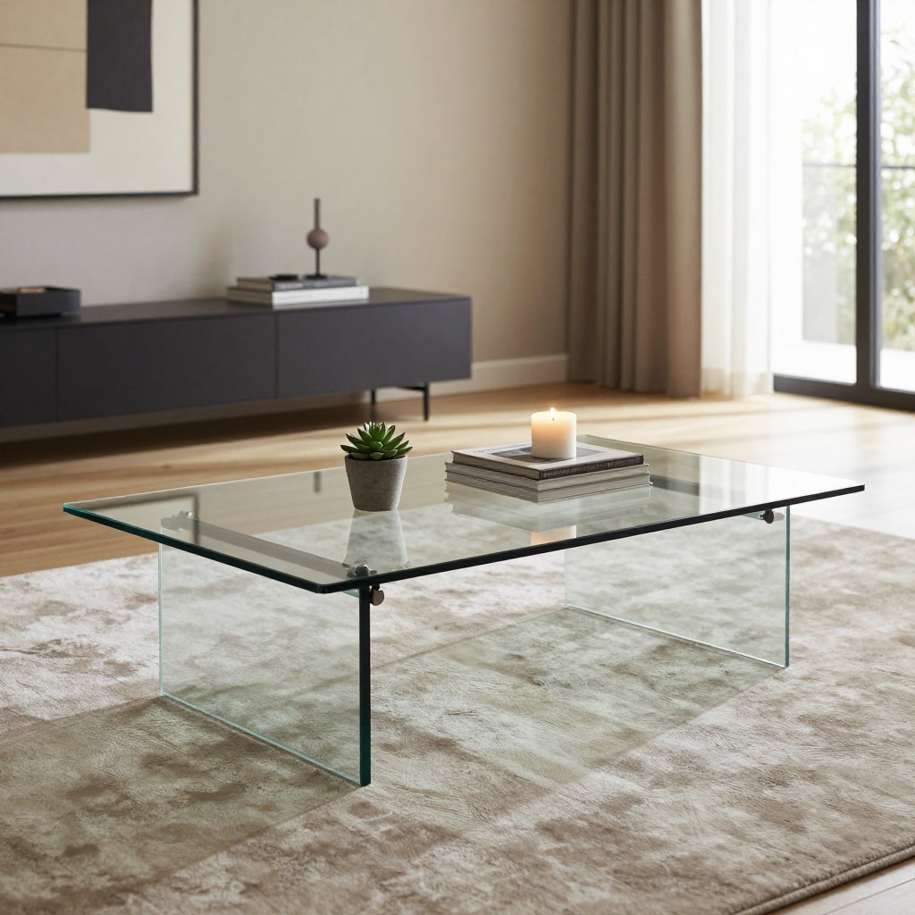 A stylish modern living room featuring a minimalist tempered glass coffee table as the focal point. In the foreground, the sleek glass table is adorned with tasteful decor items: a small potted succulent, a neatly stacked set of art books, and an elegant candle. The middle ground showcases a plush area rug beneath the table, enhancing the cozy atmosphere. In the background, a softly lit wall with abstract artwork complements the room's aesthetics. Natural light streams in through large windows, creating warm highlights and soft shadows that accentuate the table's reflective surfaces. The overall mood is serene and sophisticated, perfect for modern spaces. Capture this scene with a wide-angle lens to emphasize depth, and choose a balanced lighting effect to bring out the textures and clarity of the glass. A stylish modern living room featuring a minimalist tempered glass coffee table as the focal point. In the foreground, the sleek glass table is adorned with tasteful decor items: a small potted succulent, a neatly stacked set of art books, and an elegant candle. The middle ground showcases a plush area rug beneath the table, enhancing the cozy atmosphere. In the background, a softly lit wall with abstract artwork complements the room's aesthetics. Natural light streams in through large windows, creating warm highlights and soft shadows that accentuate the table's reflective surfaces. The overall mood is serene and sophisticated, perfect for modern spaces. Capture this scene with a wide-angle lens to emphasize depth, and choose a balanced lighting effect to bring out the textures and clarity of the glass.