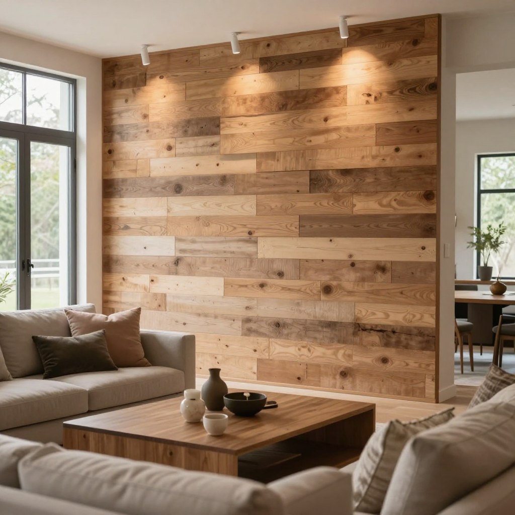 A stylish modern living room featuring a shiplap wall, showcasing horizontal wooden planks with a natural, rustic finish. The foreground includes a cozy seating arrangement with plush cushions and a coffee table adorned with decorative accents. In the middle ground, the shiplap wall acts as a stunning focal point, illuminated by soft, warm lighting that highlights the texture of the wood. In the background, large windows allow natural light to flood the space, with a glimpse of greenery outside. The room exudes a welcoming and serene atmosphere, perfect for a modern farmhouse vibe. Use a slightly elevated angle to capture the depth and warmth of the space, ensuring a soft focus on details that enhance the overall aesthetic without distractions.