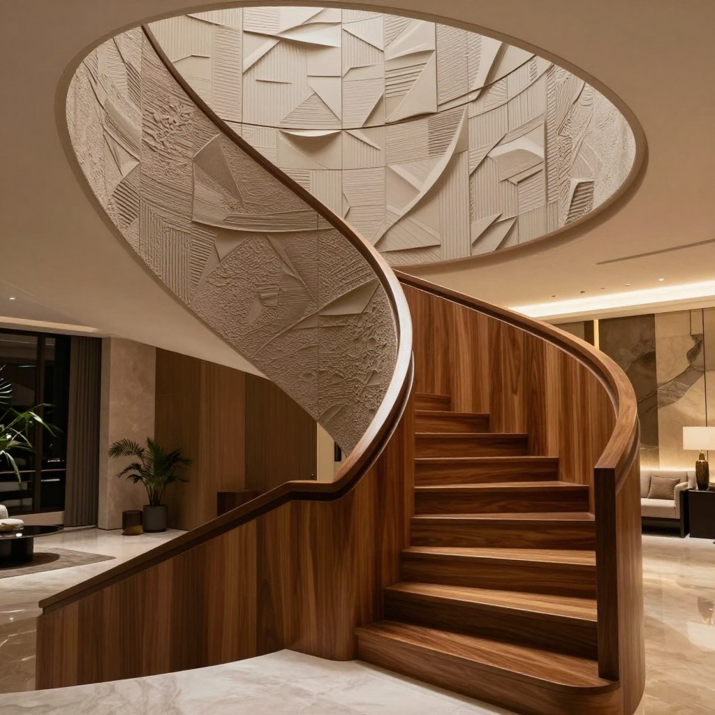 A stylish modern staircase featuring textured 3D wall panels. In the foreground, a sleek wooden staircase with a polished finish curves gracefully upwards. The middle layer showcases the wall panels, designed with intricate geometric patterns and rich textures, enhancing the depth and shadow play. Soft, warm lighting highlights the contours of the panels, creating an inviting ambiance. The background reveals a chic interior space with minimalist decor, including potted plants and elegant furnishings that complement the staircase. Capture this scene from a slightly elevated angle to emphasize the staircase's design and the room's spaciousness. The overall mood is sophisticated and contemporary, embodying a balance of elegance and modernity.