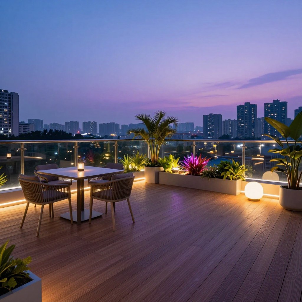 A stylish modern terrace design, featuring a sleek glass railing and expansive wooden decking. In the foreground, a small, elegant dining area with contemporary furniture, softly illuminated by integrated LED strip lighting along the edges. The middle ground showcases a vibrant arrangement of potted plants and minimalist outdoor decor, accentuated by subtle LED uplighting that casts colorful glows. In the background, a panoramic city skyline under a twilight sky adds depth, with soft purple and blue hues blending together. The entire scene is bathed in ambient light, creating a warm, inviting atmosphere perfect for evening gatherings. Capture the image using a wide-angle lens to emphasize the spaciousness and design elements, focusing on a cozy yet sophisticated urban vibe.