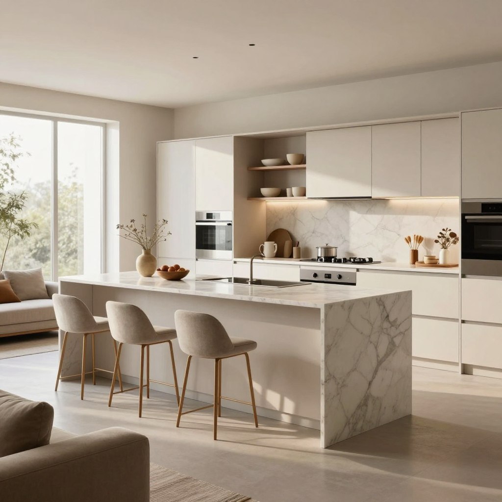A stylish multi-functional kitchen island featuring sleek cabinetry with ample storage space and integrated seating. The island is centrally located with a polished marble countertop, surrounded by comfortable high stools. In the foreground, the inviting seating area is well-lit by natural light streaming through large windows, creating a warm atmosphere. In the middle ground, the island showcases practical design elements, such as open shelving and hidden compartments. The background reveals a bright, open-plan kitchen and living room setting with modern appliances, tasteful decor, and a harmonious color palette of soft whites and earthy tones. Capture a cozy, contemporary feel with soft, diffused lighting, focusing on the elegant lines and textures of the island while keeping the surrounding area uncluttered. A stylish multi-functional kitchen island featuring sleek cabinetry with ample storage space and integrated seating. The island is centrally located with a polished marble countertop, surrounded by comfortable high stools. In the foreground, the inviting seating area is well-lit by natural light streaming through large windows, creating a warm atmosphere. In the middle ground, the island showcases practical design elements, such as open shelving and hidden compartments. The background reveals a bright, open-plan kitchen and living room setting with modern appliances, tasteful decor, and a harmonious color palette of soft whites and earthy tones. Capture a cozy, contemporary feel with soft, diffused lighting, focusing on the elegant lines and textures of the island while keeping the surrounding area uncluttered.