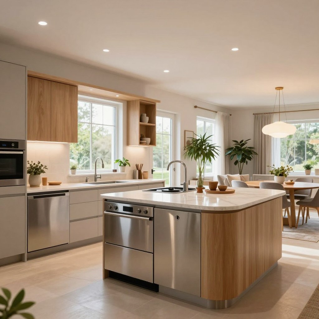 A stylish open kitchen featuring a contemporary renovation with smooth, curved cabinetry and a spacious island at the center. The foreground showcases sleek stainless steel appliances and an elegant marble countertop. In the middle, large windows allow natural light to flood the space, accentuating the minimalist design with light wood accents and greenery from potted plants. The background highlights an inviting dining area with designer light fixtures, creating a cohesive and airy atmosphere. Soft, warm lighting enhances the cozy feel. Capture the scene from a slightly elevated angle to emphasize layout and openness, evoking a sense of modern elegance and functionality perfect for a family setting.