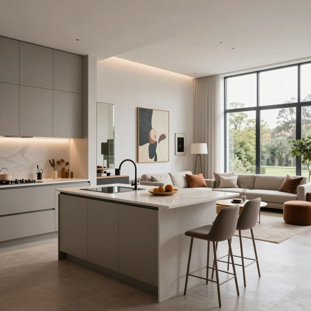 A stylish open plan kitchen and living room designed to create height and spaciousness in a small area. In the foreground, a sleek kitchen island with a minimalist design, accented by elegant bar stools. The middle ground features a cozy living space with a modern sofa and tasteful decor elements like large wall mirrors and vertical artwork that enhance the illusion of height. In the background, tall windows allow natural light to flood in, revealing a view of greenery outside. Soft, ambient lighting highlights the airy atmosphere, while neutral tones mixed with pops of color create a welcoming vibe. The scene captures a sense of sophistication and practicality, blending functionality with aesthetic appeal. A stylish open plan kitchen and living room designed to create height and spaciousness in a small area. In the foreground, a sleek kitchen island with a minimalist design, accented by elegant bar stools. The middle ground features a cozy living space with a modern sofa and tasteful decor elements like large wall mirrors and vertical artwork that enhance the illusion of height. In the background, tall windows allow natural light to flood in, revealing a view of greenery outside. Soft, ambient lighting highlights the airy atmosphere, while neutral tones mixed with pops of color create a welcoming vibe. The scene captures a sense of sophistication and practicality, blending functionality with aesthetic appeal.