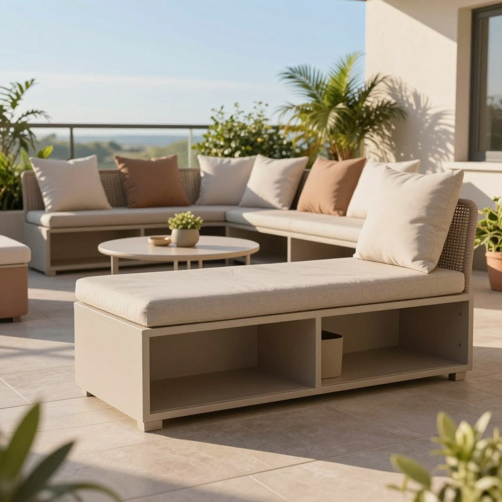 A stylish outdoor furniture set featuring a multi-functional storage bench made from durable, weather-resistant materials. In the foreground, the bench is neatly organized, showcasing built-in compartments for storage, adorned with elegant, minimalist cushions in soft earth tones. In the middle ground, a small, round coffee table complements the bench, surrounded by matching, contemporary seating options, creating an inviting atmosphere. The background includes lush greenery and a clear blue sky, enhancing the outdoor experience. The scene is captured in warm afternoon sunlight, creating soft shadows and a cozy ambiance. The perspective is slightly elevated, providing a comprehensive view of the furniture arrangement, emphasizing both functionality and aesthetic appeal in this small balcony space.