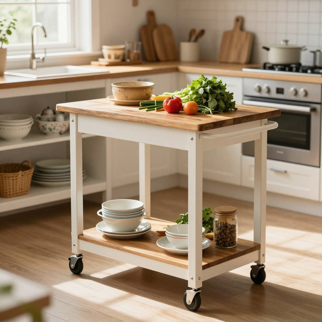 A stylish portable kitchen island designed as a rolling cart, featuring a rustic wooden surface with a distressed finish, complemented by white metal accents. The foreground showcases fresh ingredients like vegetables and herbs artfully arranged on the island. In the middle ground, the cart is positioned in a cozy farmhouse kitchen adorned with open shelves displaying vintage dishware and cookbooks. The background features warm, natural light coming through a window, casting soft shadows, enhancing the inviting atmosphere. The image should be captured from a slightly elevated angle, allowing a clear view of the island's details, with a focus on the cart’s wheels to highlight its mobility. The overall mood is warm and welcoming, perfect for small space culinary creativity. A stylish portable kitchen island designed as a rolling cart, featuring a rustic wooden surface with a distressed finish, complemented by white metal accents. The foreground showcases fresh ingredients like vegetables and herbs artfully arranged on the island. In the middle ground, the cart is positioned in a cozy farmhouse kitchen adorned with open shelves displaying vintage dishware and cookbooks. The background features warm, natural light coming through a window, casting soft shadows, enhancing the inviting atmosphere. The image should be captured from a slightly elevated angle, allowing a clear view of the island's details, with a focus on the cart’s wheels to highlight its mobility. The overall mood is warm and welcoming, perfect for small space culinary creativity.