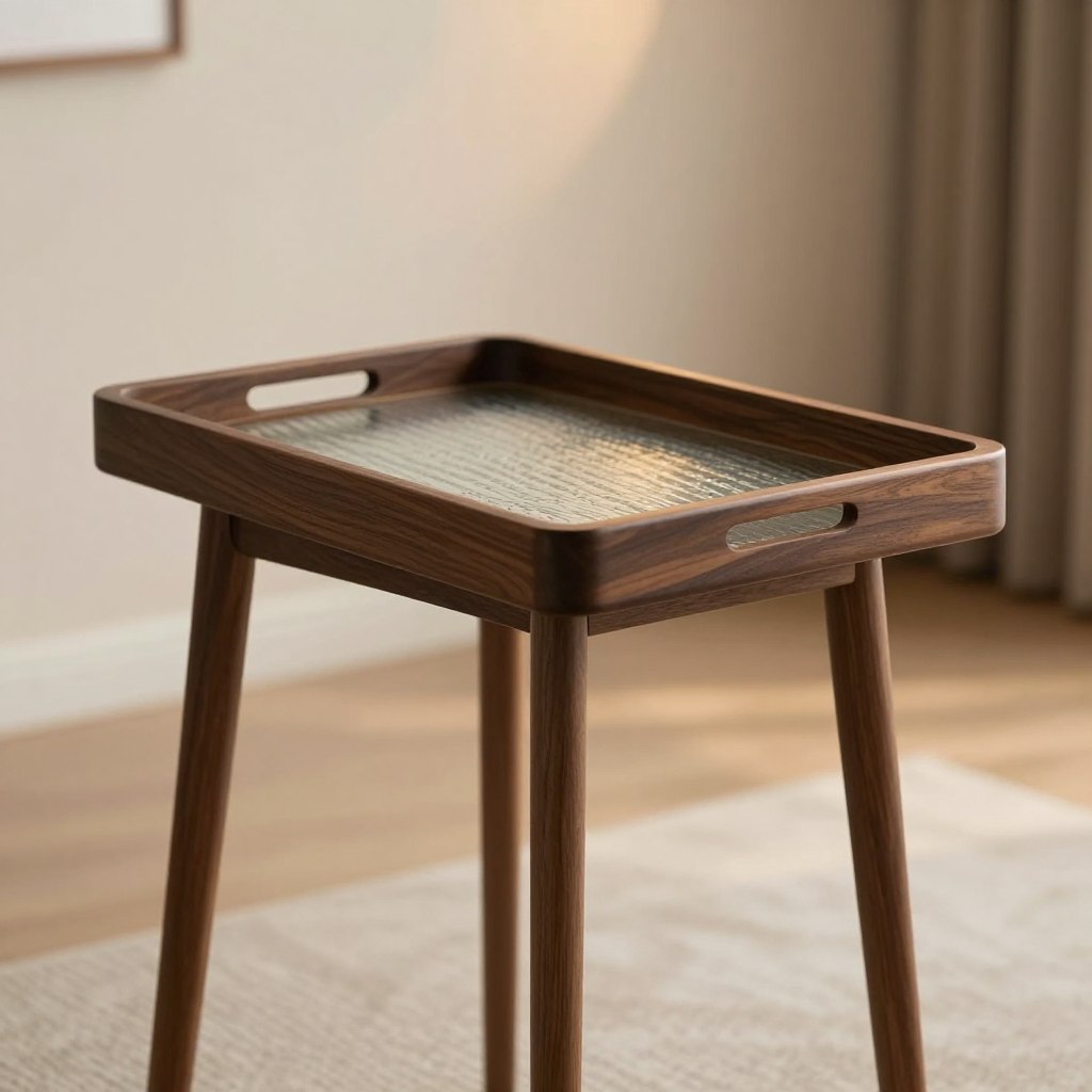A stylish removable tray side table, elegantly designed with a sleek, modern silhouette. The table features a dark wooden finish with a removable tray top, showcasing a delicate, ornamental pattern. In the foreground, the tray is partially lifted, resting on the table, revealing a textured surface beneath. The middle ground displays the sturdy, minimalist legs, emphasizing practicality and beauty without any clutter. A soft, warm light illuminates the scene, creating inviting shadows that enhance the table's craftsmanship. The background includes a softly blurred living room setting, with neutral-toned walls and a cozy ambiance, evoking a sense of comfort and sophistication. The overall mood is serene and stylish, perfect for a multifunctional living space. No people are present in the image.
