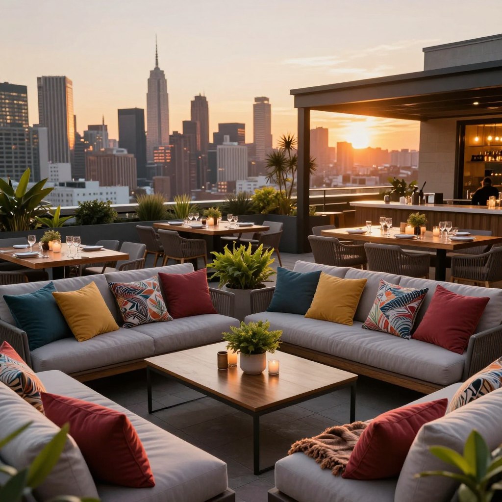 A stylish rooftop entertaining area featuring elegant furnishings and a vibrant atmosphere. In the foreground, a cozy seating arrangement with plush cushions in neutral tones and colorful accent pillows, adorned with tasteful throw blankets. A chic coffee table sits at the center, surrounded by green potted plants for a refreshing touch. The middle ground showcases a wooden dining table set for a gathering, complete with stylish tableware and flickering candles. In the background, a stunning city skyline illuminates the sunset, casting warm golden light across the scene. Soft, ambient lighting accentuates the inviting mood, while a picturesque view enhances the feeling of exclusivity. Use a wide-angle lens to capture the expansive layout, creating a sense of luxury and comfort in this perfect rooftop party space.