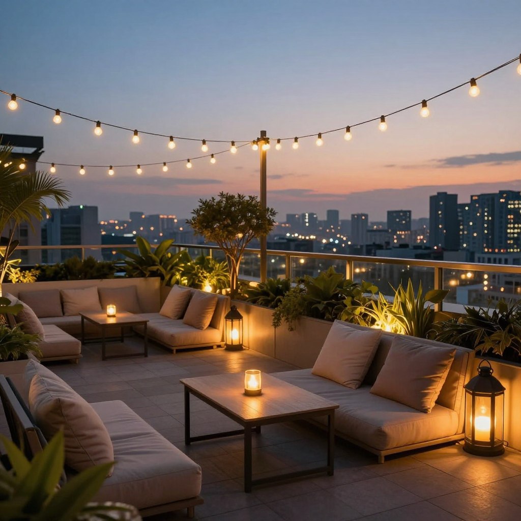 A stylish rooftop terrace at twilight, featuring soft, warm outdoor lighting that creates an inviting atmosphere. In the foreground, cozy seating arrangements with plush cushions and a small, elegant table. The middle area includes decorative string lights draped overhead and lanterns casting gentle glows, while potted plants add greenery. In the background, a panoramic city skyline under a dusky sky enhances the serene yet vibrant mood. Capture the scene from a slightly elevated angle to showcase both lighting and décor, using a warm color palette to evoke a relaxed, romantic ambiance. Emphasize the interplay of light and shadow, ensuring the details invite viewers to envision themselves enjoying this tranquil setting.