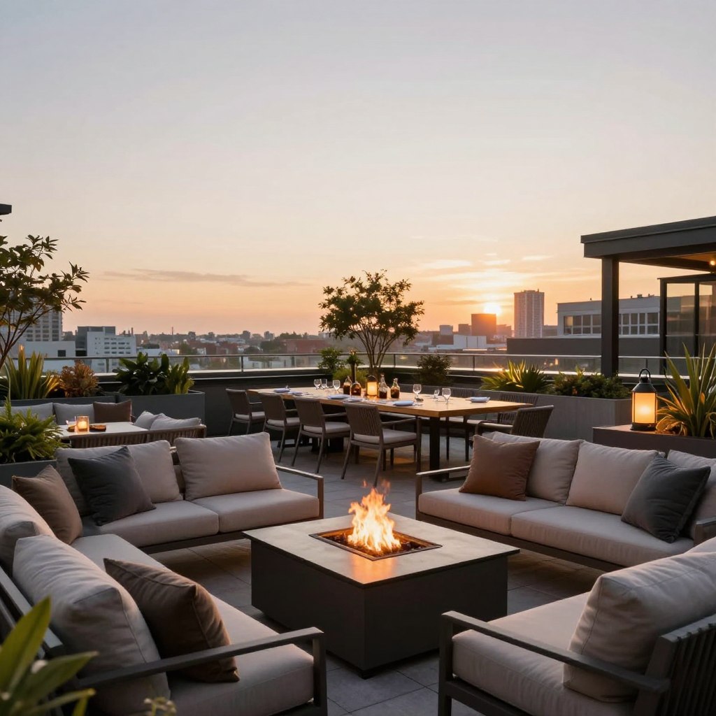A stylish rooftop terrace designed for outdoor entertainment, showcasing a weather-proof setup. In the foreground, elegant outdoor seating with plush cushions, arranged around a modern fire pit, creating a cozy atmosphere. The middle ground features a sleek dining area with a long table set up for a gathering, complete with decorative centerpieces and ambient lanterns. Various potted plants add a touch of greenery. In the background, city skyline views with a soft sunset, casting a warm golden glow over the scene. The overall mood is inviting and festive, perfect for a rooftop party, with soft, diffused lighting enhancing the ambiance. Capture the image from a slightly elevated angle to encompass the full terrace layout, showcasing the stylish and functional design elements.