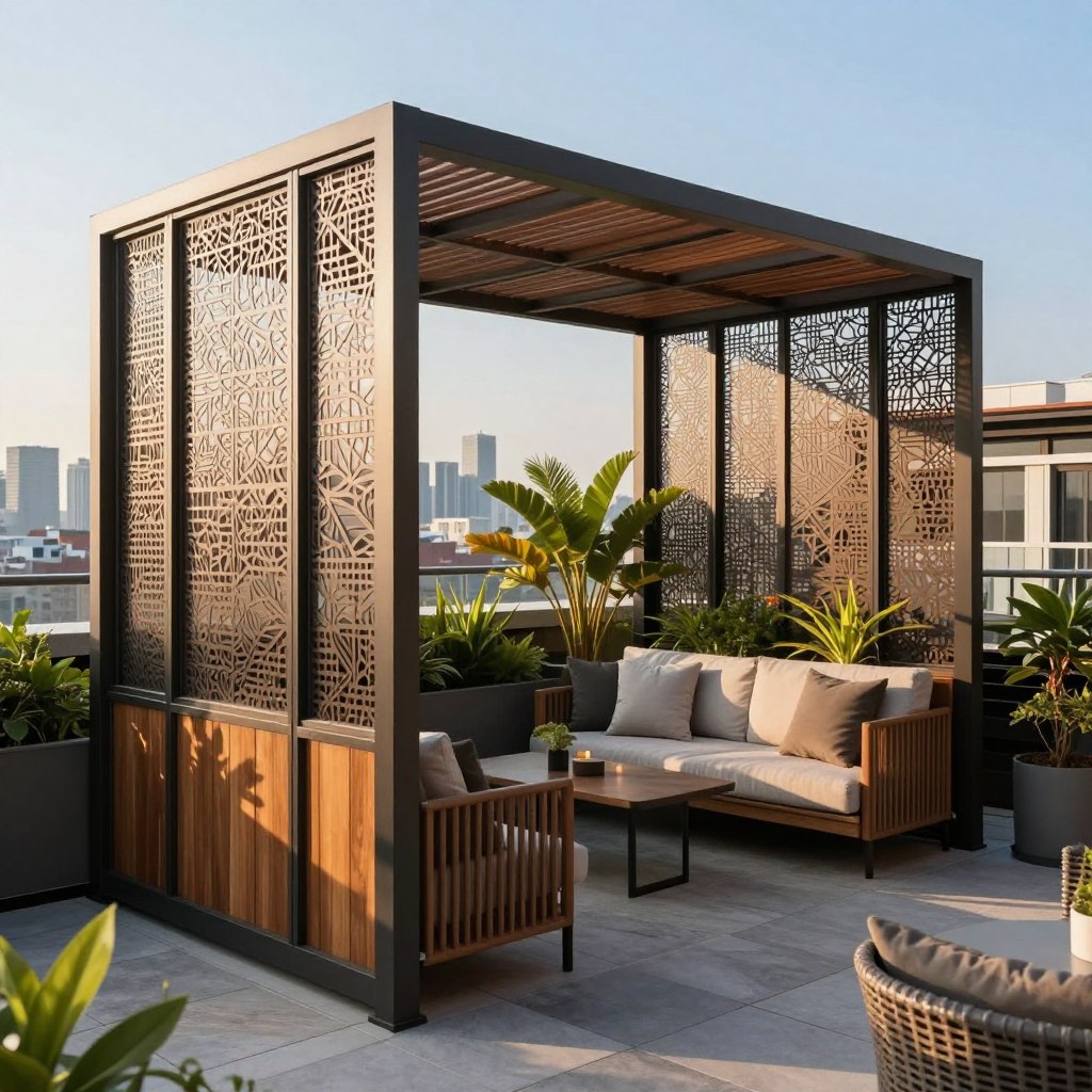 A stylish rooftop terrace featuring modern privacy screens, designed for both aesthetics and functionality. In the foreground, sleek wooden and metal privacy screens with intricate patterns provide shelter while allowing light to filter through. The middle ground showcases a cozy seating area with plush cushions and a low table, surrounded by lush potted plants for added greenery. In the background, a panoramic city skyline under a clear blue sky enhances the urban vibe. Soft, warm afternoon sunlight casts gentle shadows, creating a relaxed atmosphere. The image should be captured from a slightly elevated angle to showcase the layout while emphasizing the screens. Overall, aim for a serene and inviting terrace that balances style and privacy.