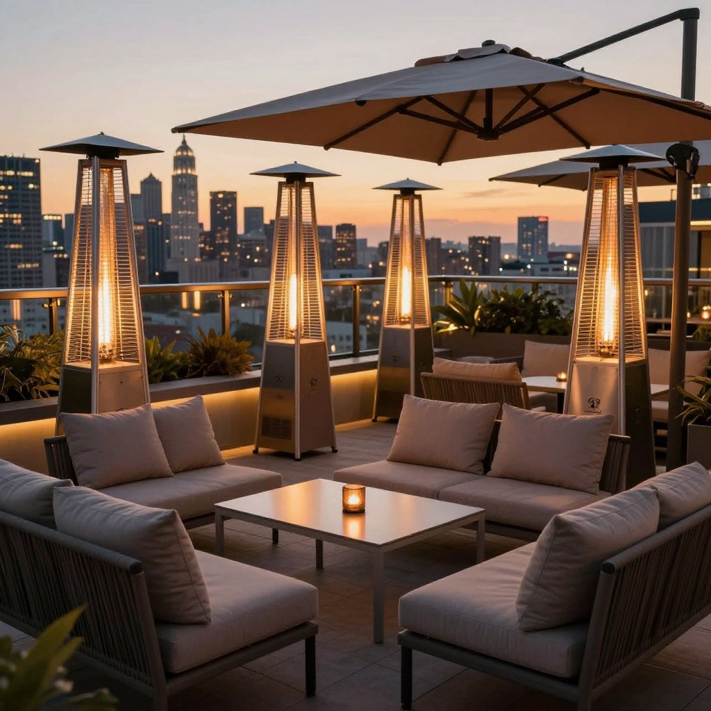 A stylish rooftop terrace featuring weather-resistant furniture arranged for all-season use. In the foreground, a modern set of elegant lounges with plush cushions, surrounded by a sleek table, all designed for comfort under external heating solutions. The middle ground showcases portable, contemporary patio heaters emitting a warm glow, paired with an umbrella providing shade, harmonizing luxury with practicality. In the background, a stunning city skyline at dusk creates a vibrant atmosphere, with soft lighting illuminating the terrace. The image captures a sense of relaxation and sophistication, evoking a cozy gathering spot for friends and family, with an inviting ambiance enhanced by golden hour lighting. The overall mood conveys warmth, style, and modern design.