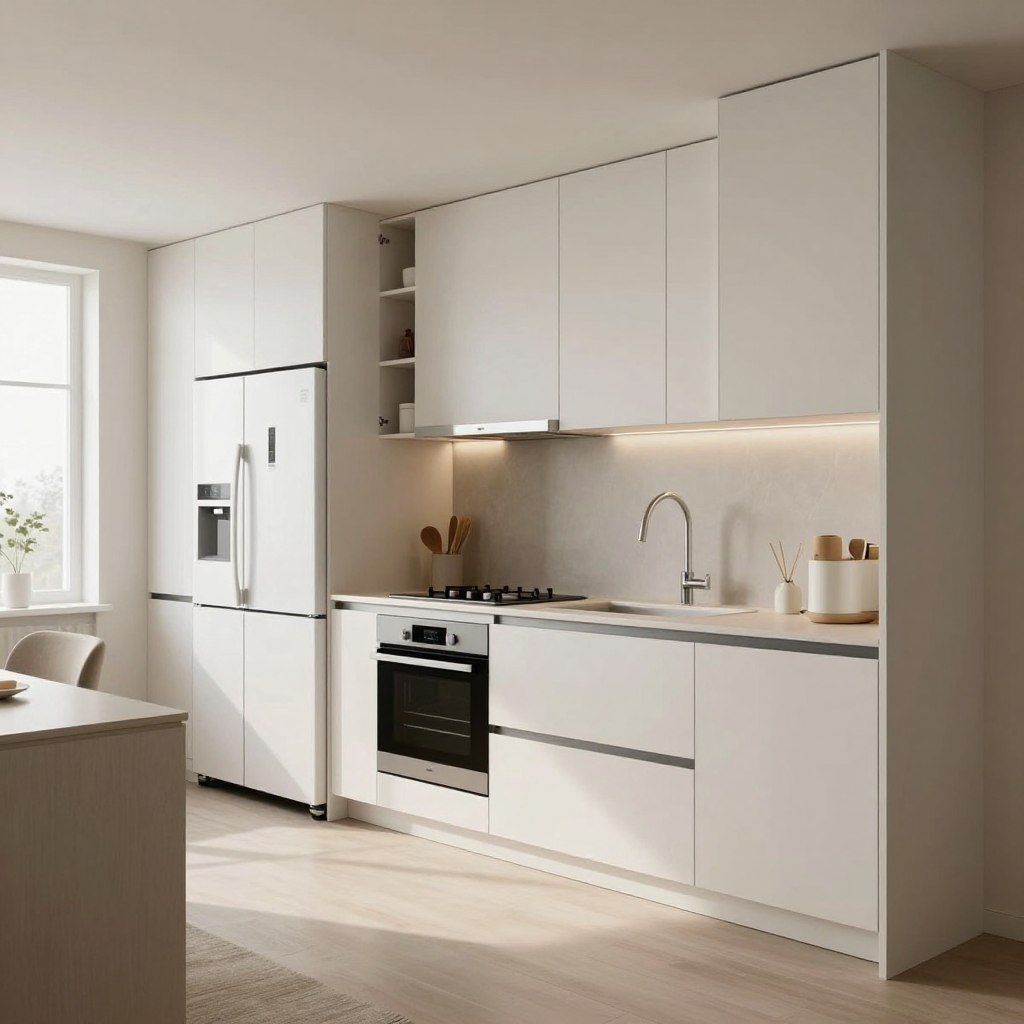A stylish, scaled-down smart kitchen design showcased in a compact open-plan layout. The foreground features sleek, integrated appliances such as a refrigerator, oven, and dishwasher, all seamlessly built into minimalist cabinetry. In the middle, smart storage solutions, including pull-out drawers and vertical shelving, optimize space while maintaining a modern aesthetic. The background reveals an inviting living area with soft, natural light filtering through large windows, enhancing the cozy atmosphere. The overall color scheme is a blend of soft whites and muted earth tones, creating a warm and welcoming feel. The composition is shot from a slightly elevated angle to provide a comprehensive view of the kitchen and living area, capturing the innovative design elements and efficient use of space. A stylish, scaled-down smart kitchen design showcased in a compact open-plan layout. The foreground features sleek, integrated appliances such as a refrigerator, oven, and dishwasher, all seamlessly built into minimalist cabinetry. In the middle, smart storage solutions, including pull-out drawers and vertical shelving, optimize space while maintaining a modern aesthetic. The background reveals an inviting living area with soft, natural light filtering through large windows, enhancing the cozy atmosphere. The overall color scheme is a blend of soft whites and muted earth tones, creating a warm and welcoming feel. The composition is shot from a slightly elevated angle to provide a comprehensive view of the kitchen and living area, capturing the innovative design elements and efficient use of space.