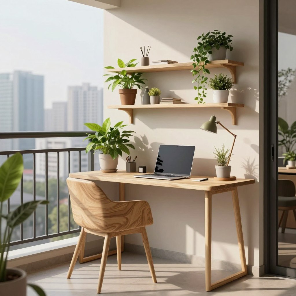 A stylish small balcony transformed into a modern home office pod. In the foreground, a compact, sleek desk with a laptop sits next to a comfortable chair, both made from sustainable materials. The middle features vibrant potted plants and decorative shelving, optimizing space while adding greenery. In the background, a city skyline is softly blurred, providing a serene contrast to the workspace. Natural light pours in from the side, casting gentle shadows and creating a warm, inviting atmosphere. A minimalist aesthetic prevails, with neutral colors accented by pops of greenery. The scene conveys productivity and tranquility, perfect for a high-end yet budget-friendly balcony office space.