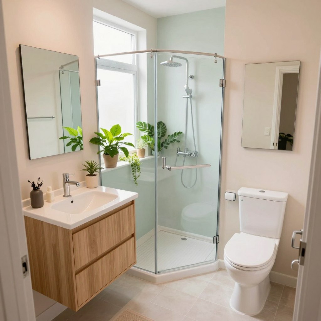 A stylish small bathroom design showcasing innovative space-saving ideas. In the foreground, a compact yet elegant vanity with a modern sink and ample storage, featuring light wood finishes. The middle layer includes a sleek glass shower with minimalistic fixtures, surrounded by vibrant green plants that add a refreshing touch. The background presents soft, light-colored walls painted in soothing pastels, complemented by strategically placed mirrors that create an illusion of space. Natural light floods the room through a frosted window, enhancing the warm and inviting atmosphere. Capture the scene from a slightly elevated angle to emphasize the layout and flow. The overall mood should feel airy, bright, and serene, reflecting the potential of small bathroom design.
